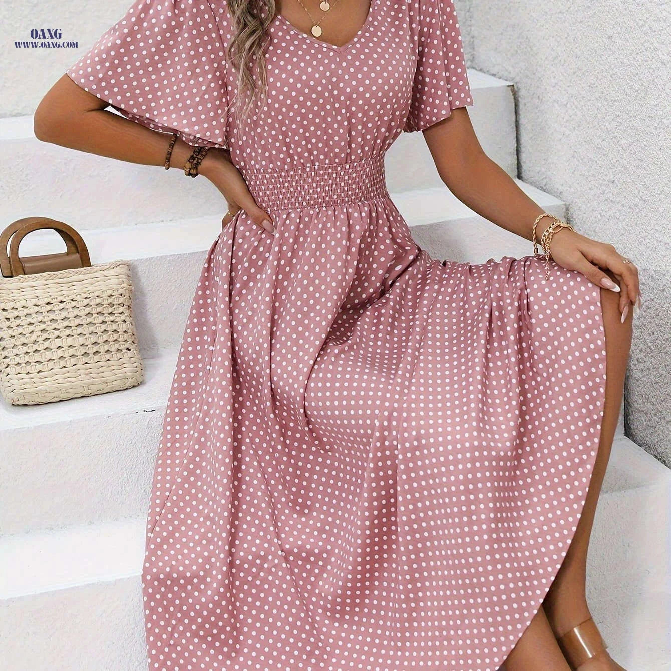 Women's Casual V-Neck Dress - 100% Polyester, Polka Dot Print   OAXG Pale Pinkish Gray / S