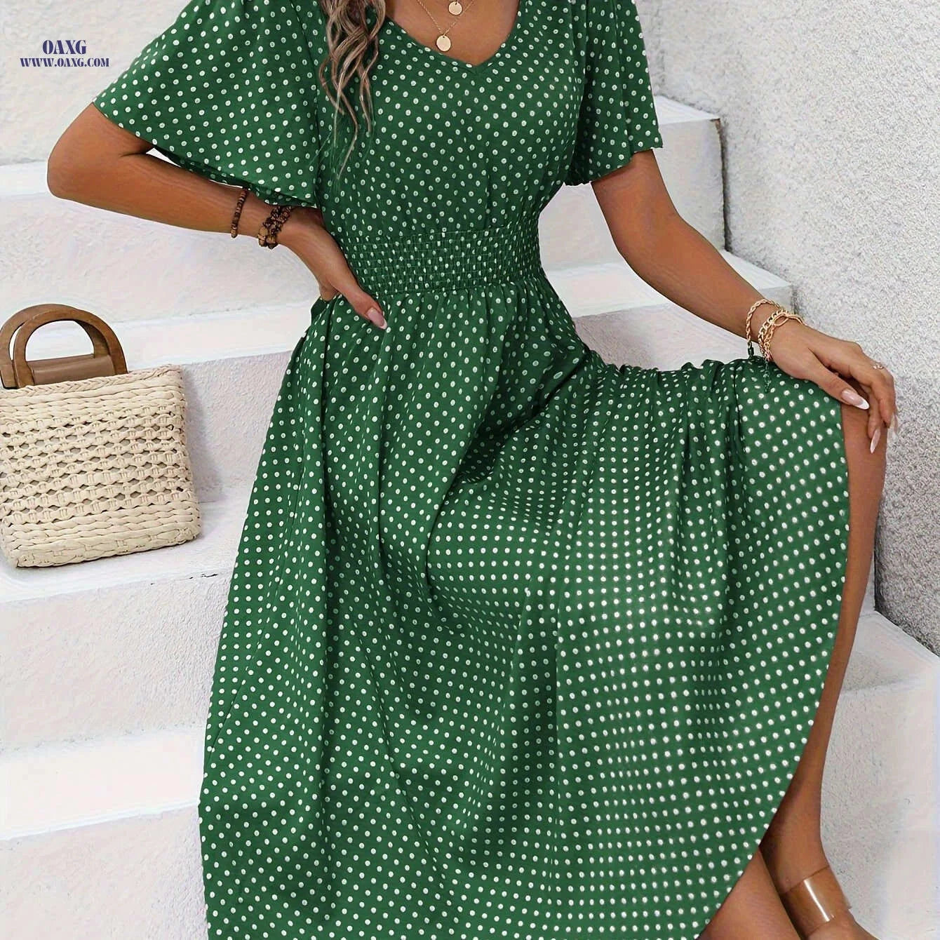 Women's Casual V-Neck Dress - 100% Polyester, Polka Dot Print   OAXG 