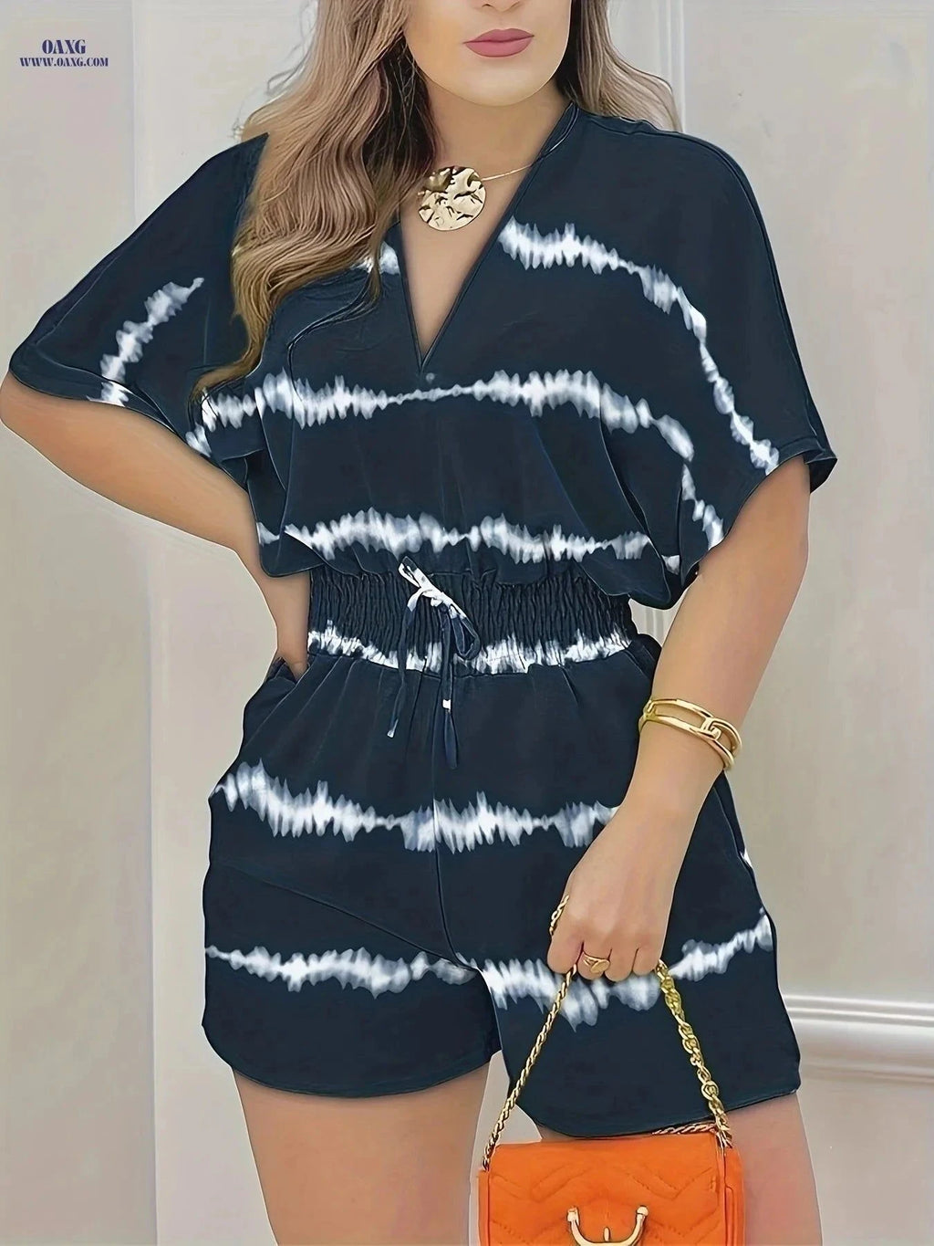 Women's Casual V-Neck Romper - Waist-Cinching Drawstring Jumpsuit   OAXG Mixed Color 2 / S