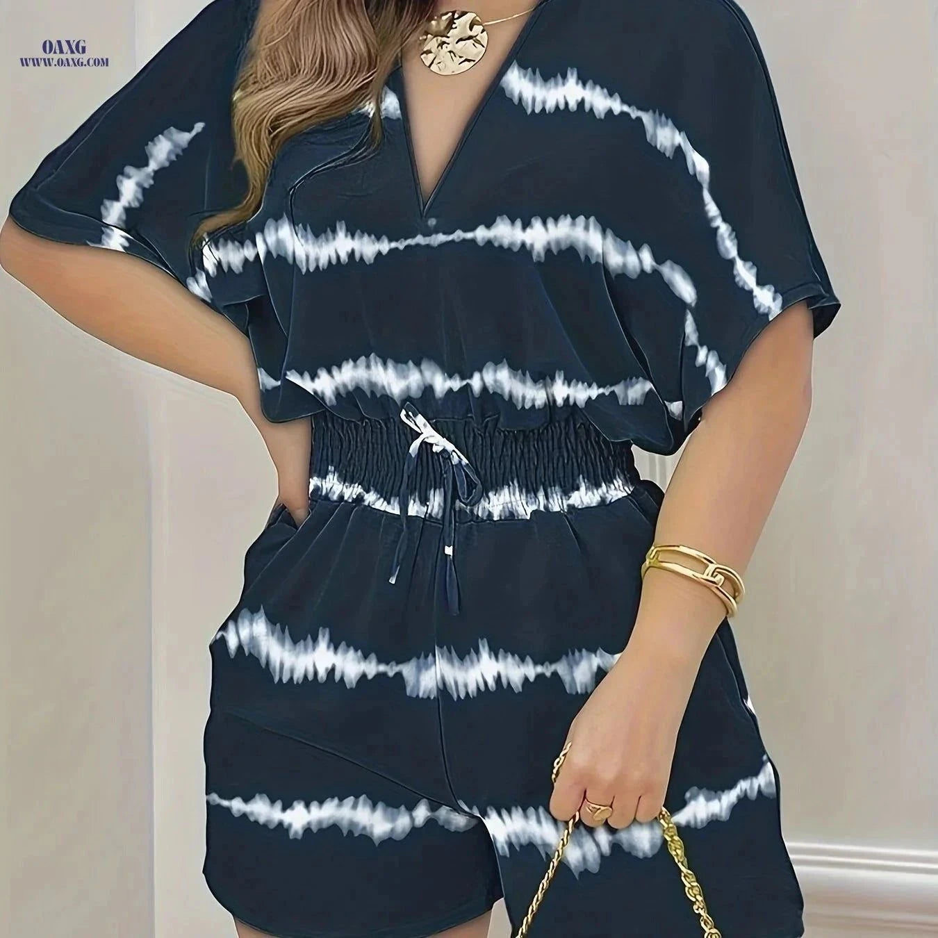 Women's Casual V-Neck Romper - Waist-Cinching Drawstring Jumpsuit   OAXG Mixed Color 2 / S