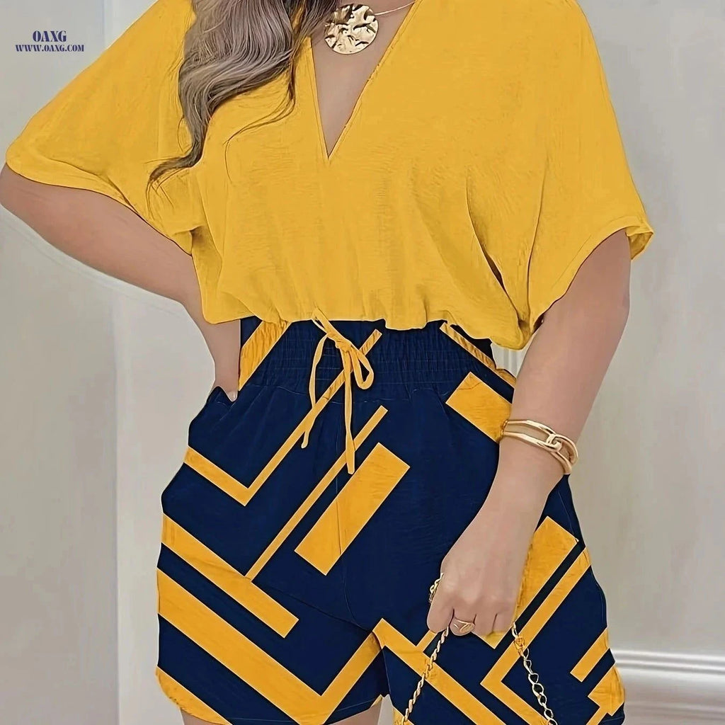 Women's Casual V-Neck Romper - Waist-Cinching Drawstring Jumpsuit   OAXG Mixed Color 2 / S