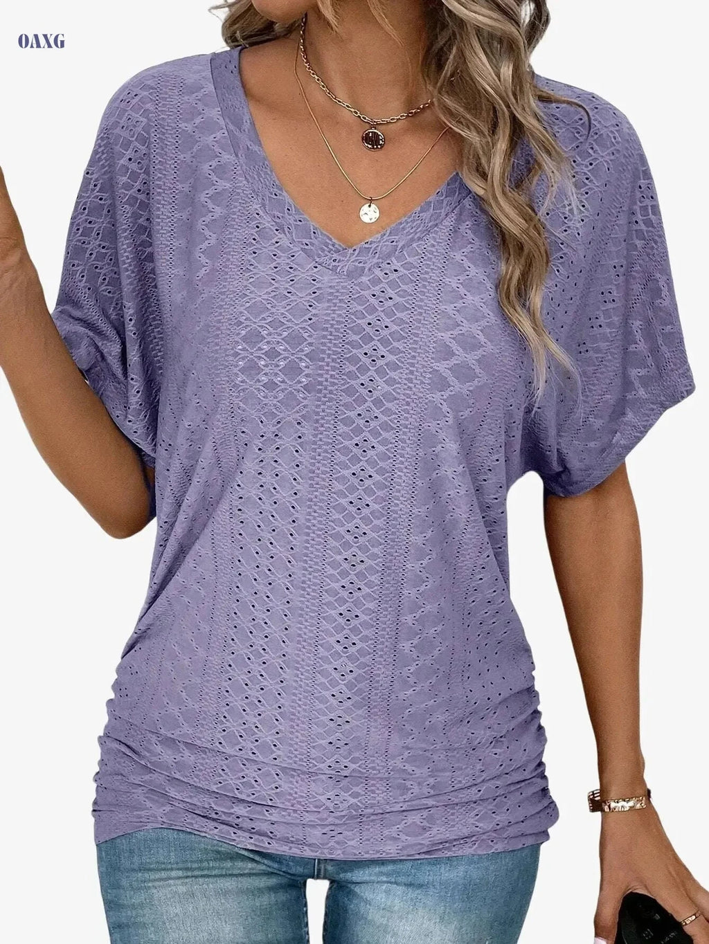 Women's Casual V-Neck Short-Sleeve Top - Ruffle Detail Summer Wear   OAXG 