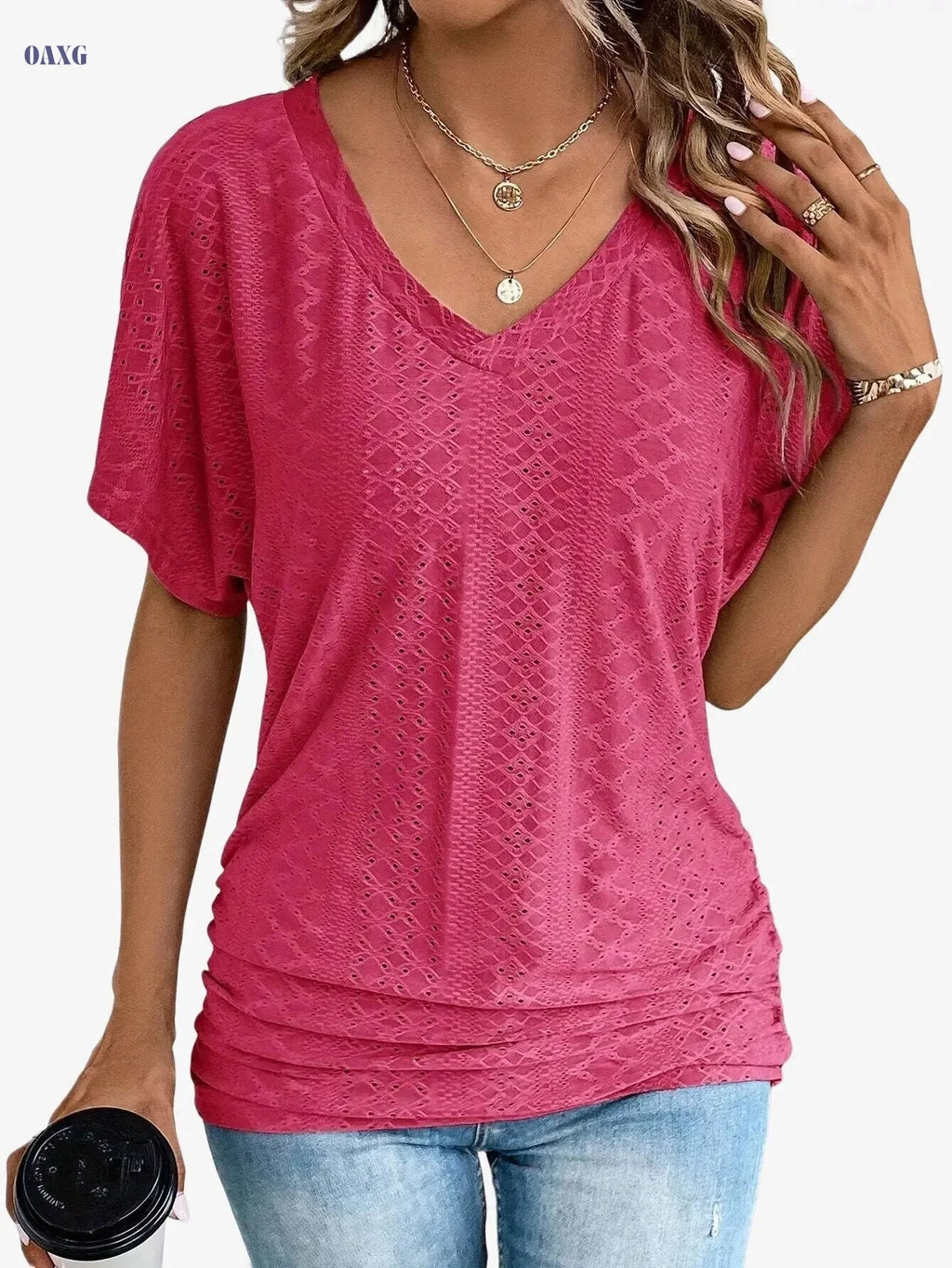 Women's Casual V-Neck Short-Sleeve Top - Ruffle Detail Summer Wear   OAXG 