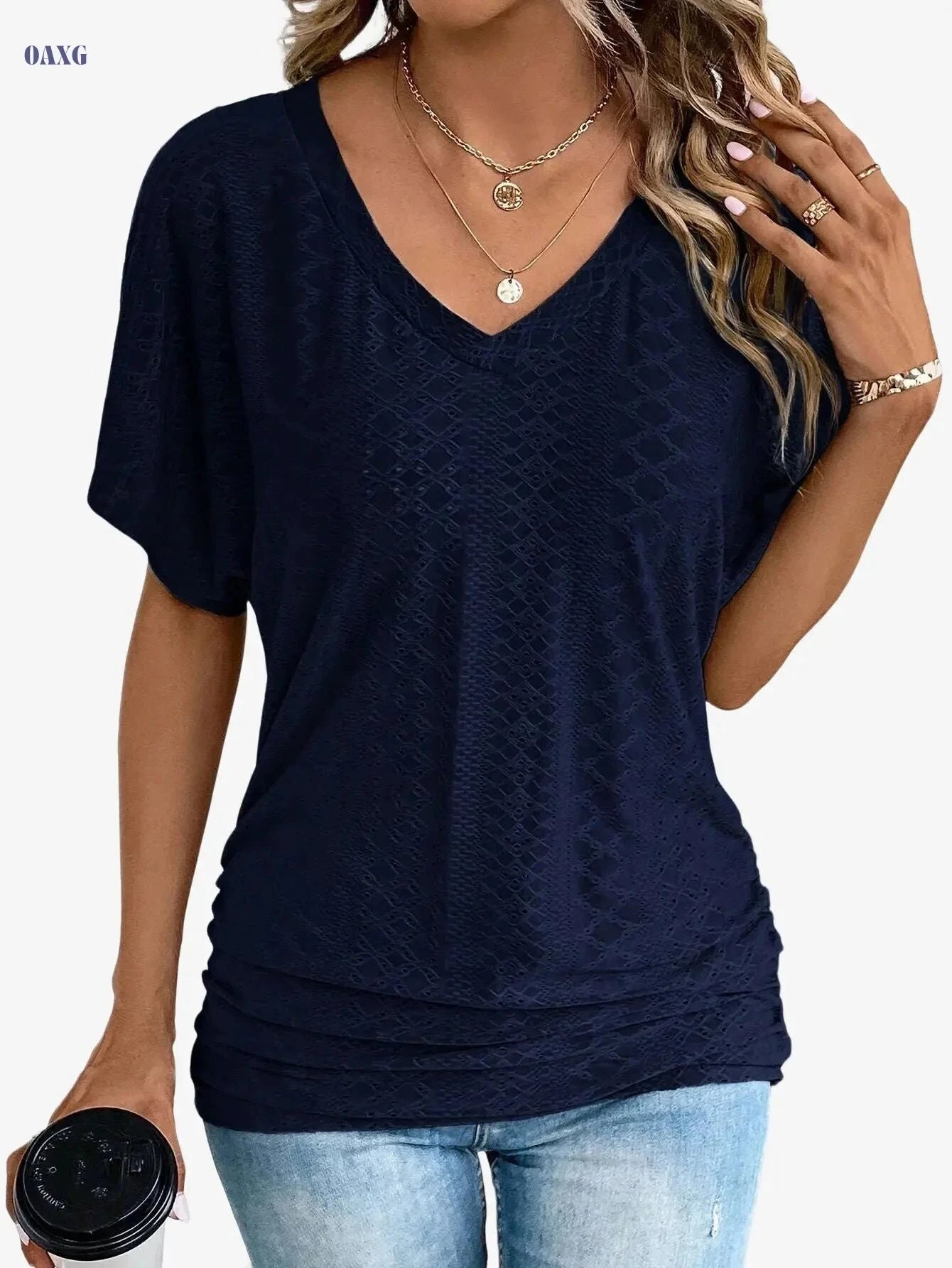 Women's Casual V-Neck Short-Sleeve Top - Ruffle Detail Summer Wear   OAXG 