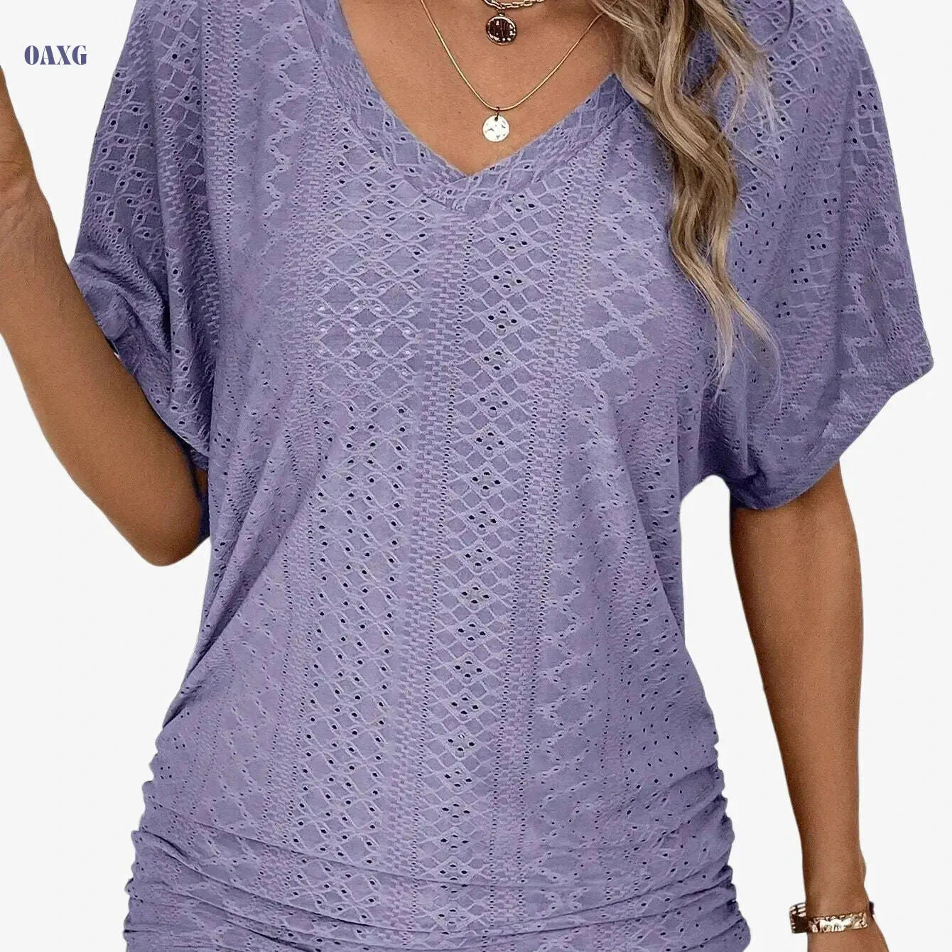 Women's Casual V-Neck Short-Sleeve Top - Ruffle Detail Summer Wear   OAXG 