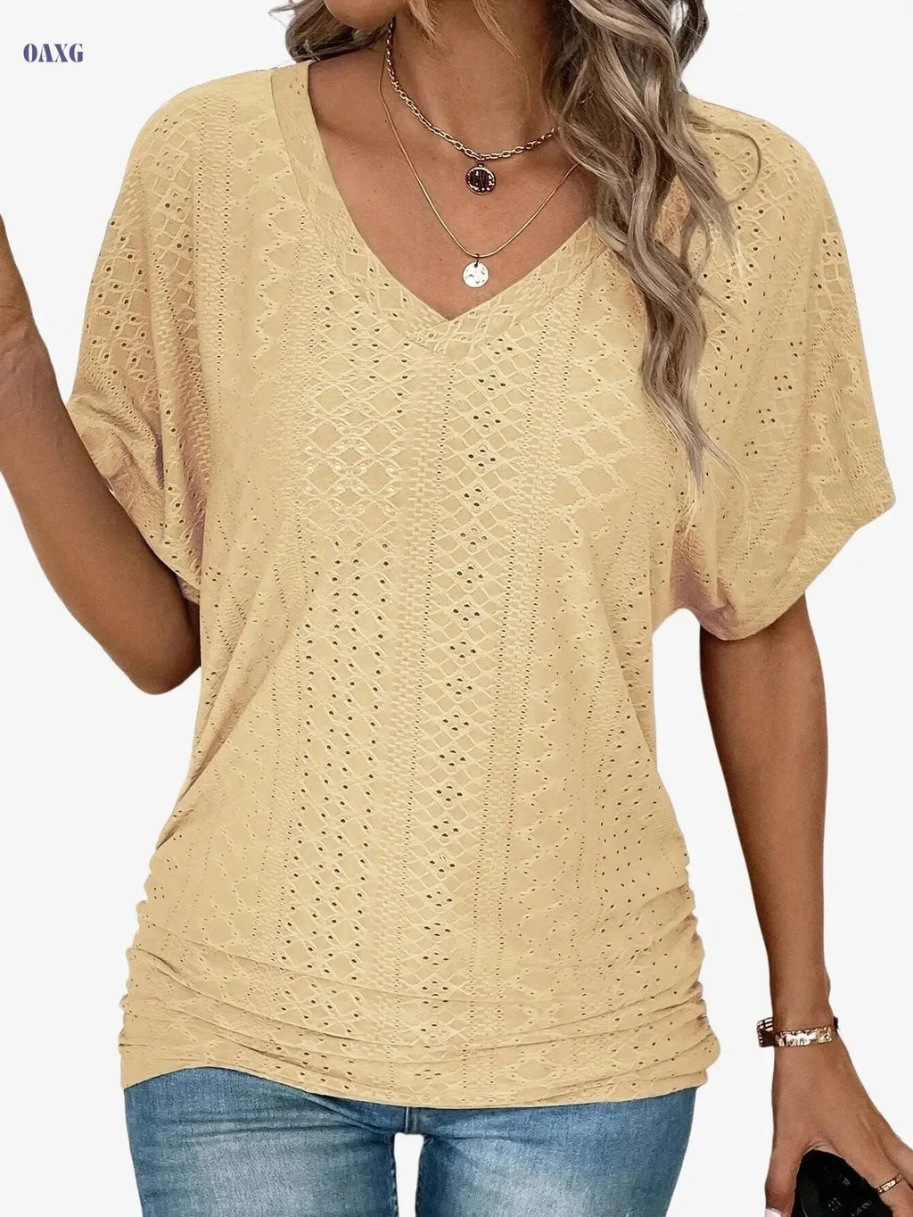 Women's Casual V-Neck Short-Sleeve Top - Ruffle Detail Summer Wear   OAXG 