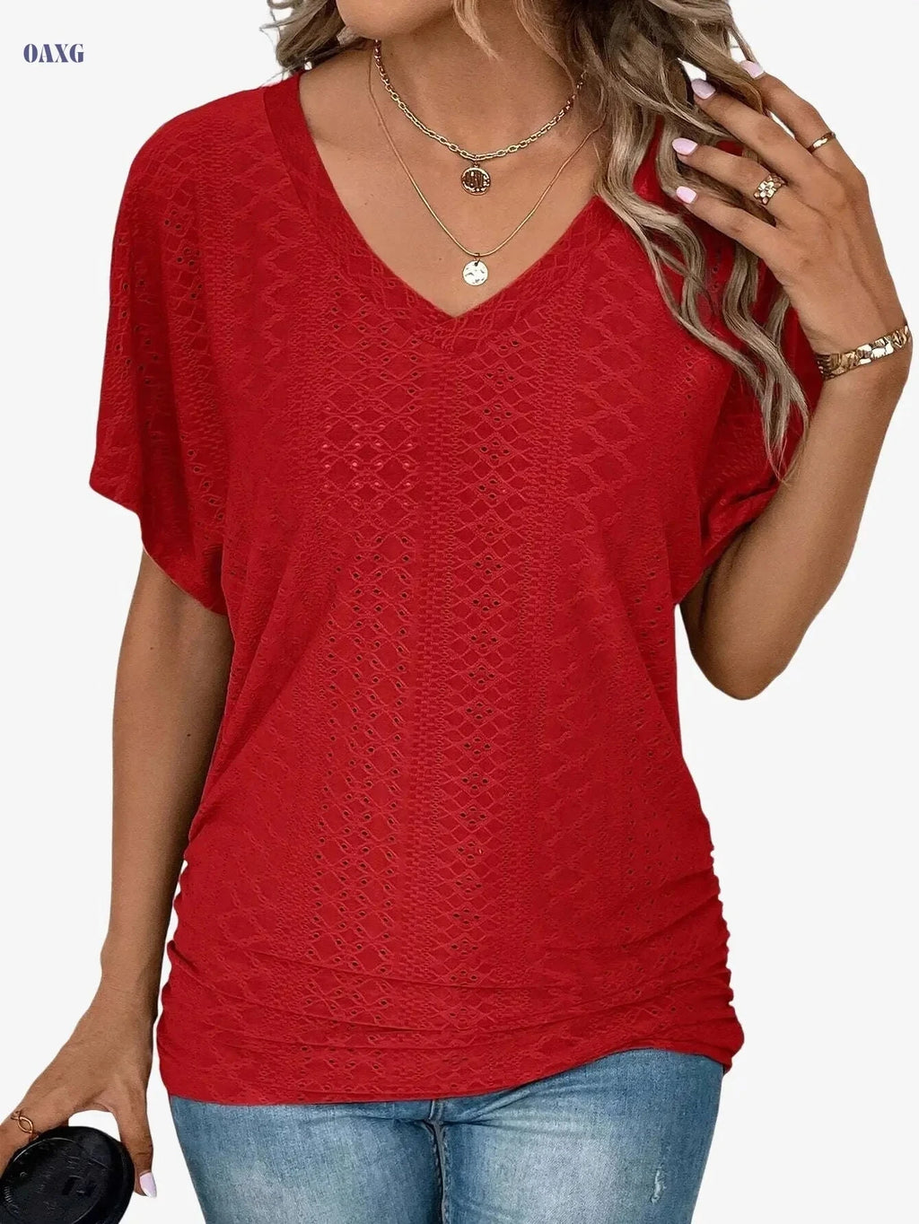 Women's Casual V-Neck Short-Sleeve Top - Ruffle Detail Summer Wear   OAXG Dark Cyan / S