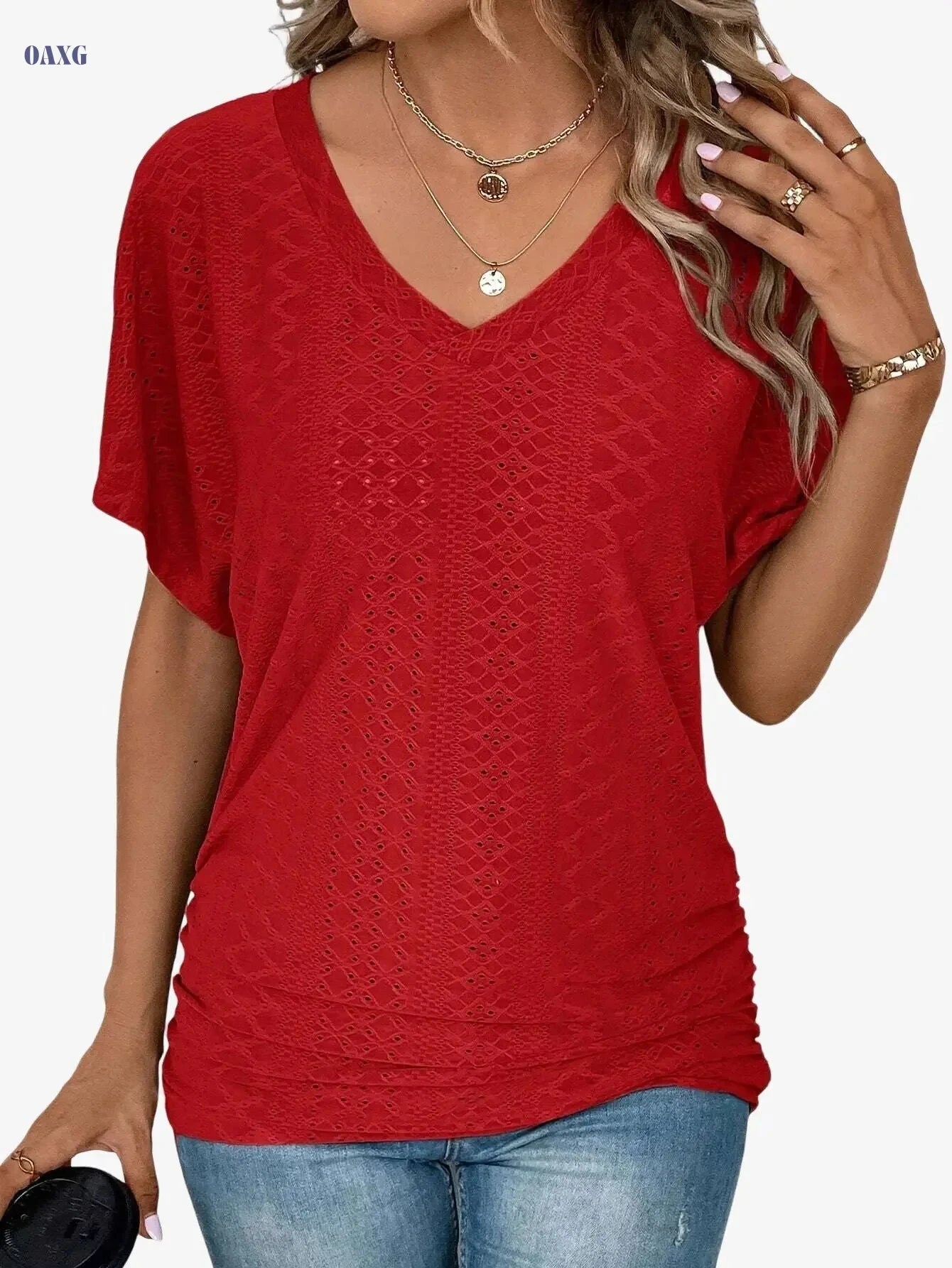 Women's Casual V-Neck Short-Sleeve Top - Ruffle Detail Summer Wear   OAXG Dark Cyan / S