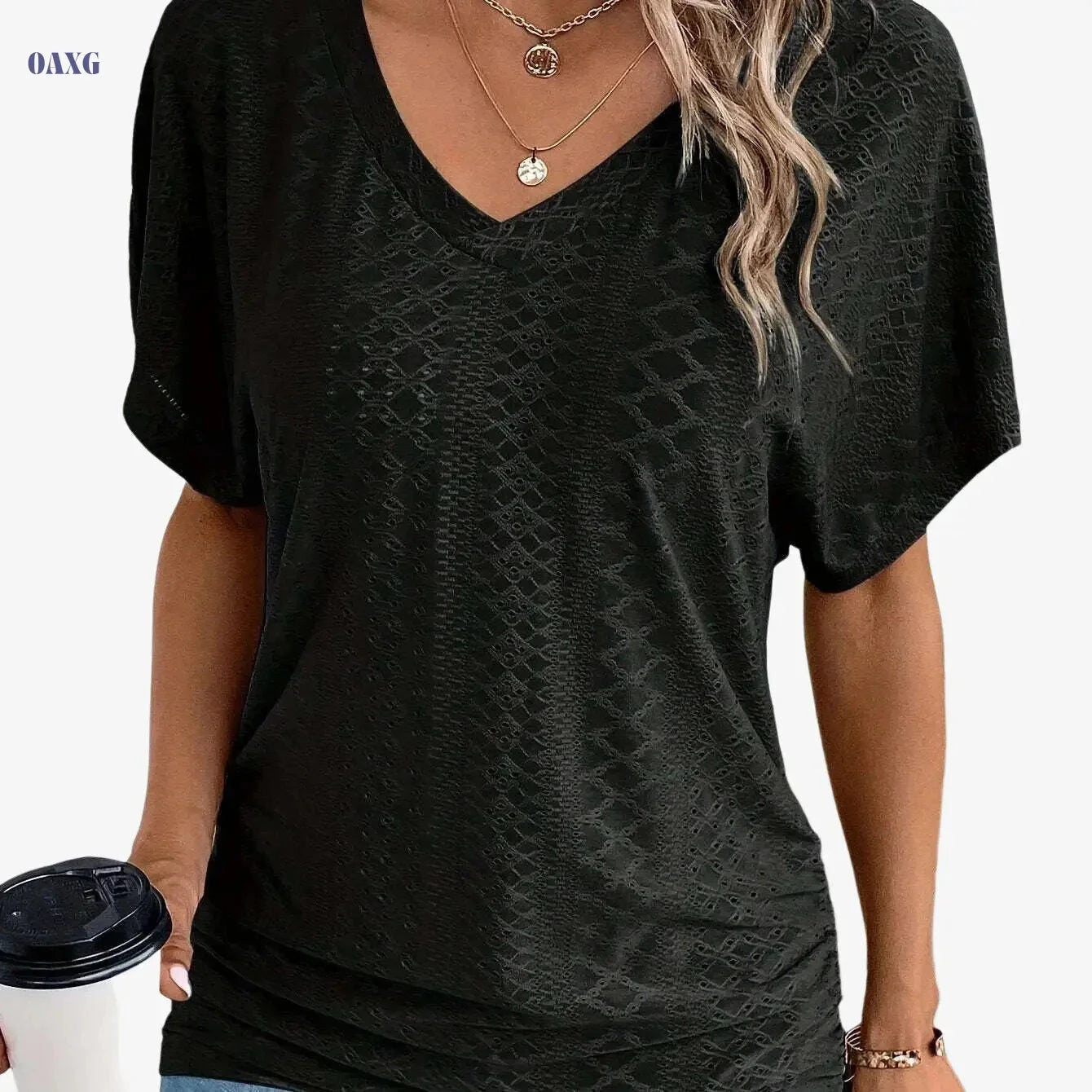 Women's Casual V-Neck Short-Sleeve Top - Ruffle Detail Summer Wear   OAXG Dark Cyan / S