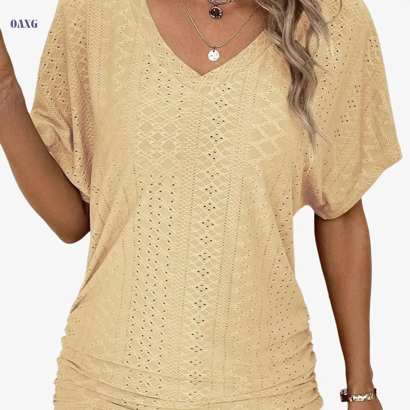 Women's Casual V-Neck Short-Sleeve Top - Ruffle Detail Summer Wear   OAXG Dark Cyan / S