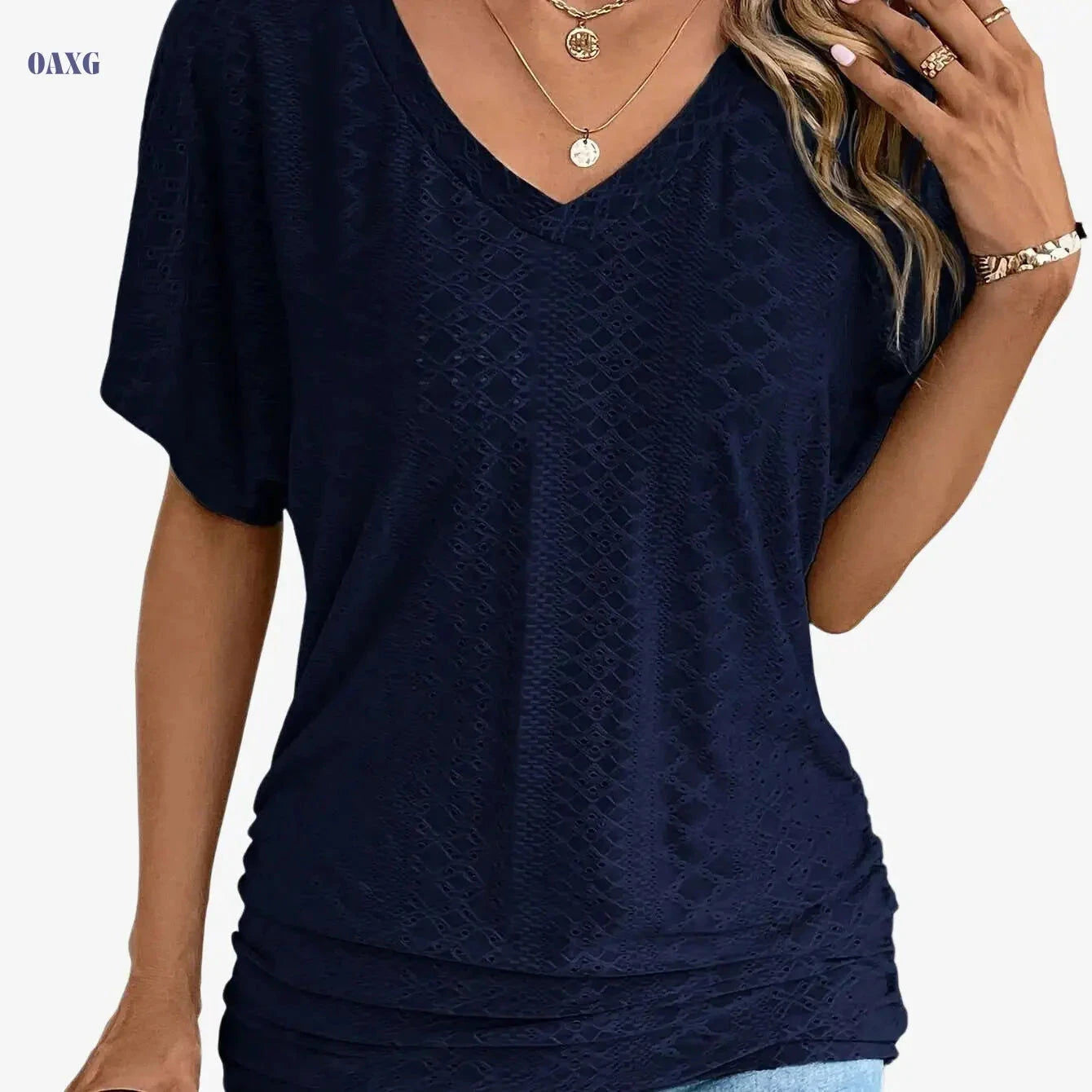 Women's Casual V-Neck Short-Sleeve Top - Ruffle Detail Summer Wear   OAXG 