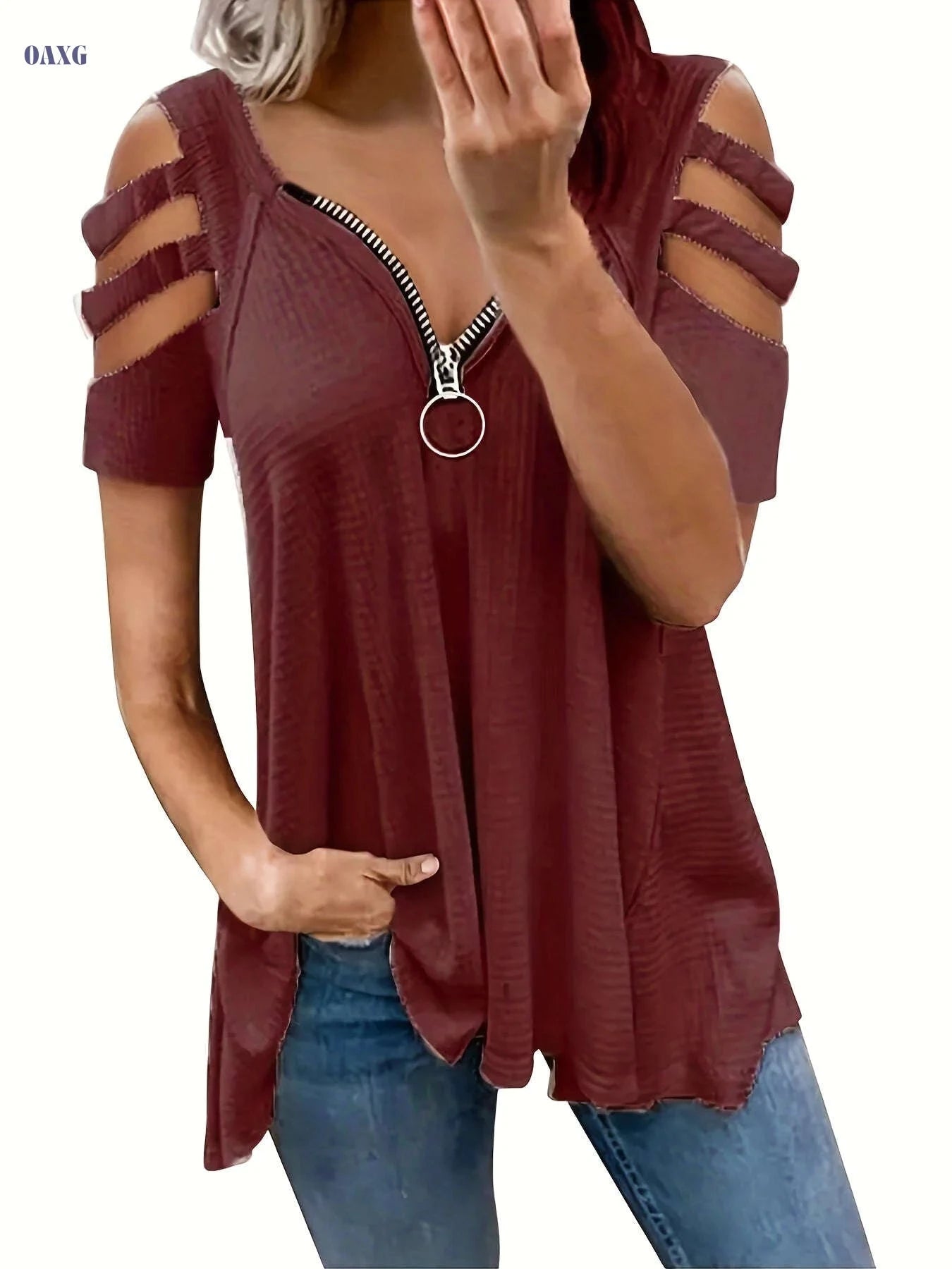 Women's Casual V-Neck Summer T-Shirt - High Elasticity & Loose Fit   OAXG 