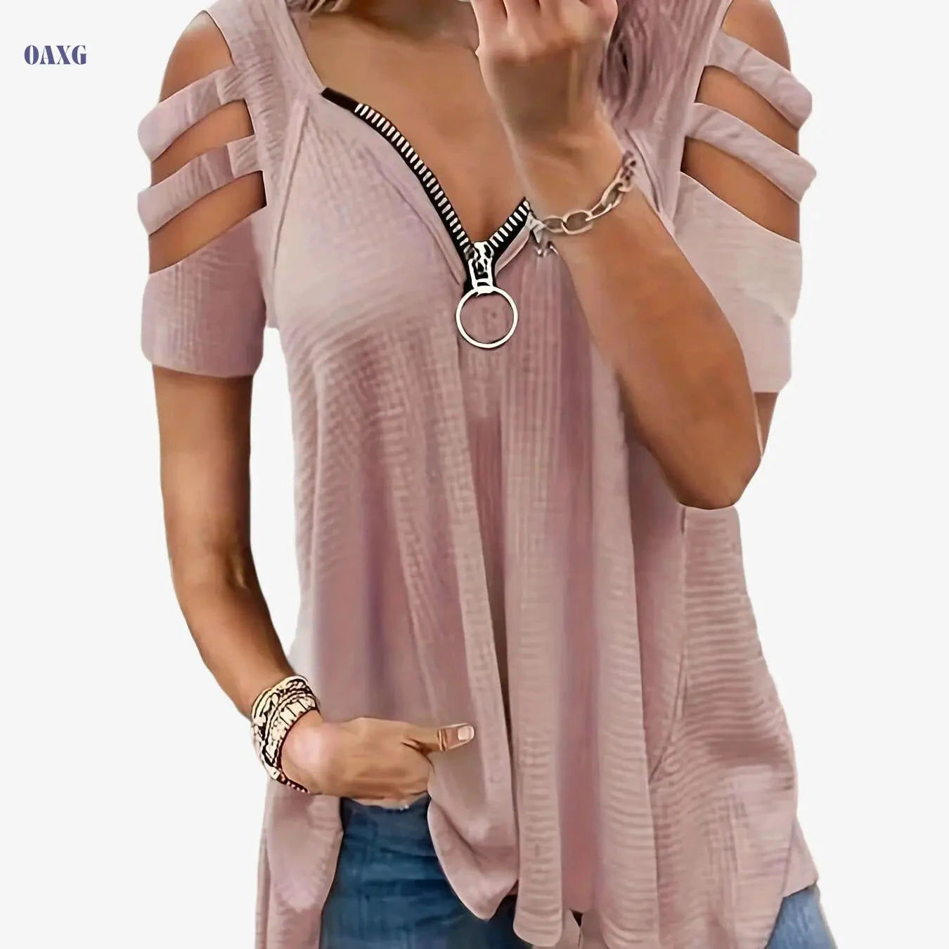 Women's Casual V-Neck Summer T-Shirt - High Elasticity & Loose Fit   OAXG hot pink / S