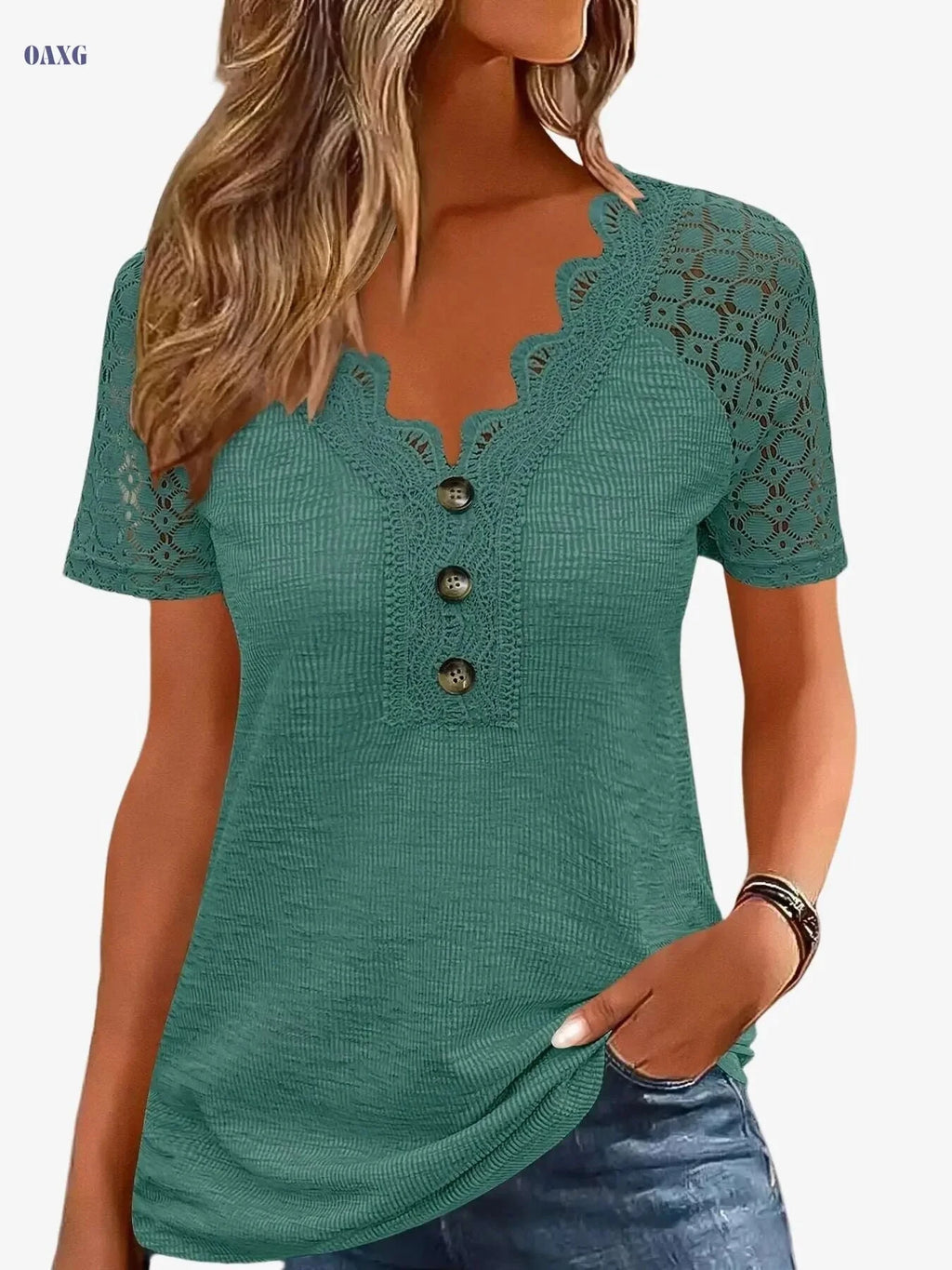 Women's Casual V-Neck T-Shirt - Eyelet Embroidery, Short Sleeve   OAXG 