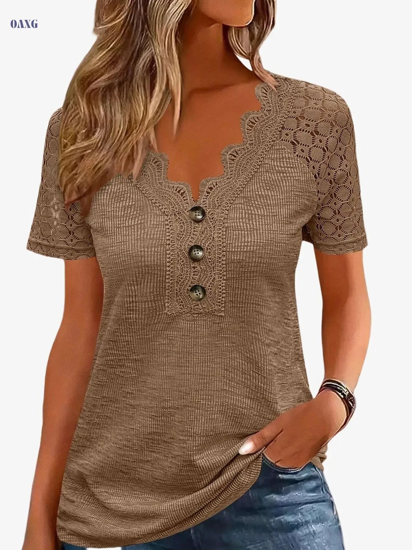 Women's Casual V-Neck T-Shirt - Eyelet Embroidery, Short Sleeve   OAXG 