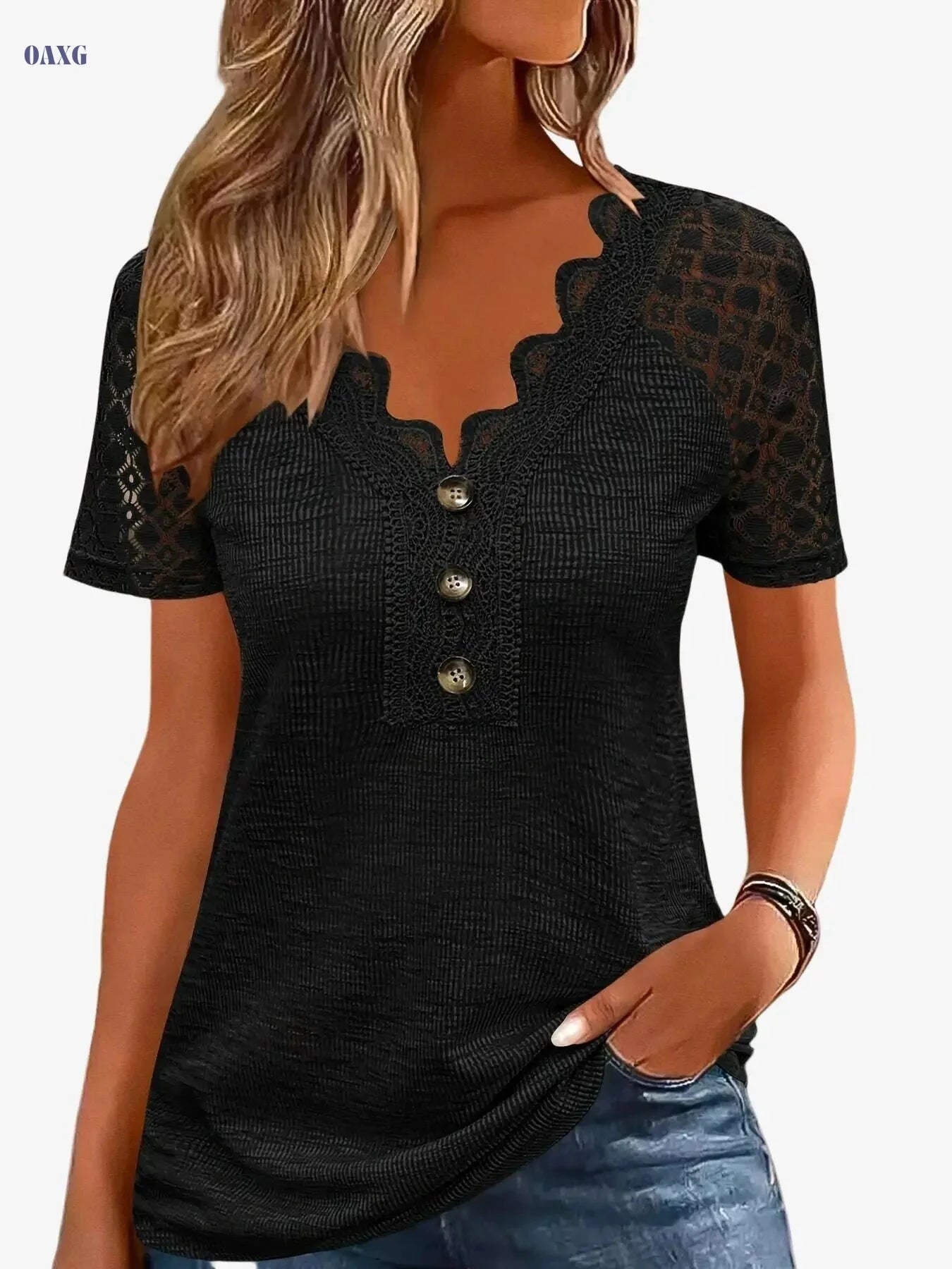 Women's Casual V-Neck T-Shirt - Eyelet Embroidery, Short Sleeve   OAXG 