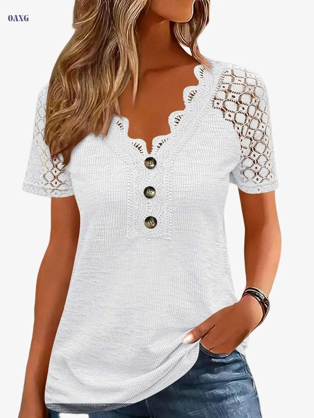 Women's Casual V-Neck T-Shirt - Eyelet Embroidery, Short Sleeve   OAXG 