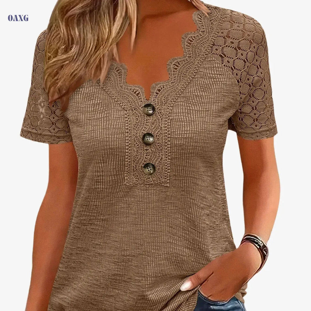 Women's Casual V-Neck T-Shirt - Eyelet Embroidery, Short Sleeve   OAXG 