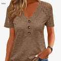 Women's Casual V-Neck T-Shirt - Eyelet Embroidery, Short Sleeve   OAXG 