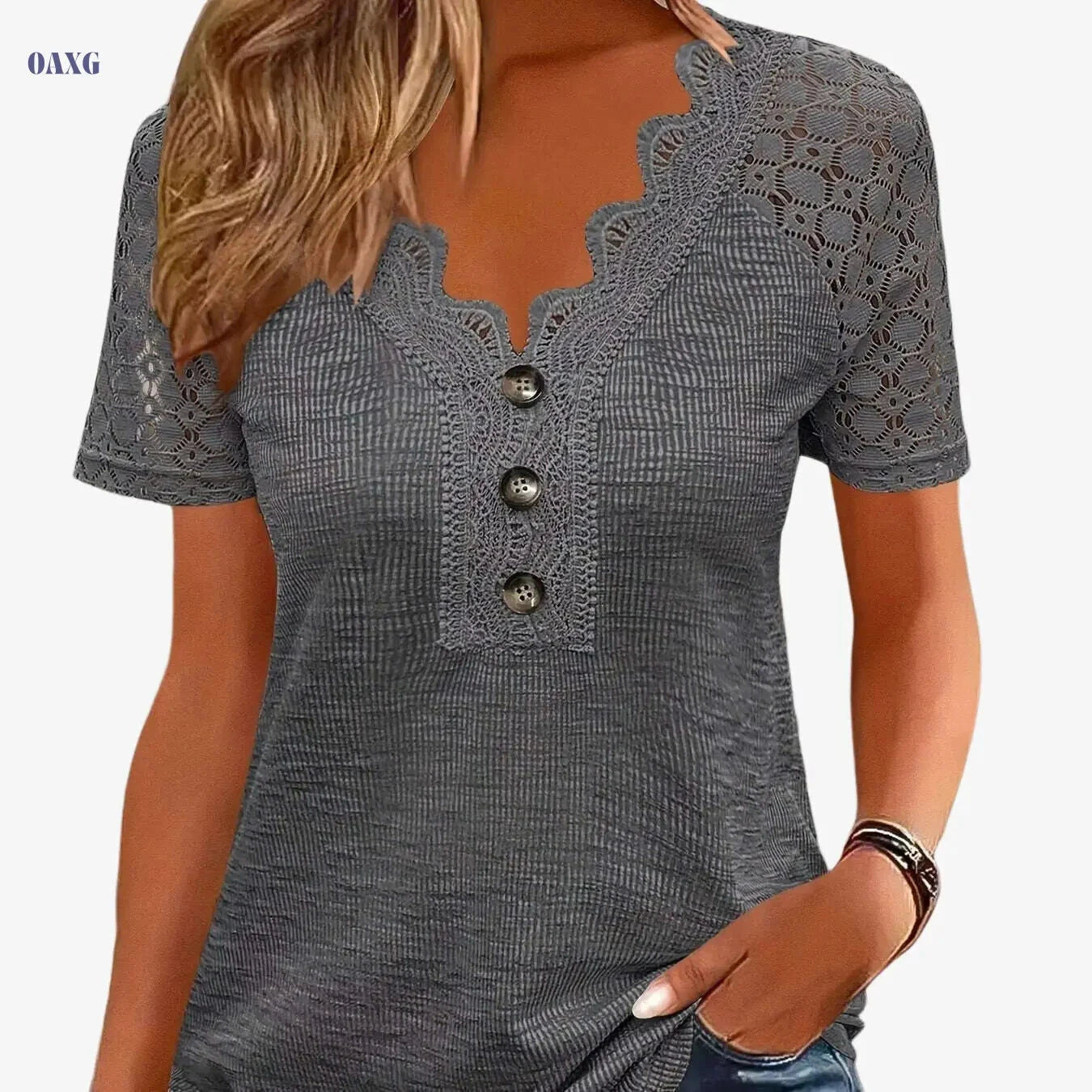 Women's Casual V-Neck T-Shirt - Eyelet Embroidery, Short Sleeve   OAXG 