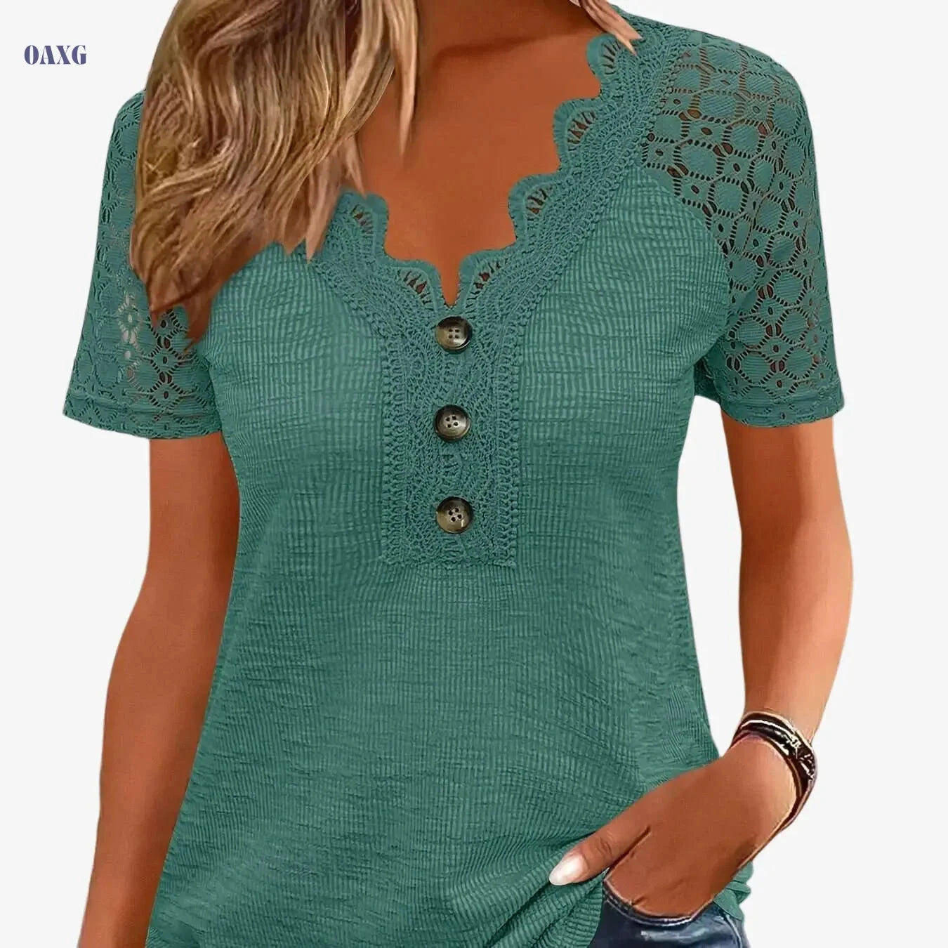 Women's Casual V-Neck T-Shirt - Eyelet Embroidery, Short Sleeve   OAXG 