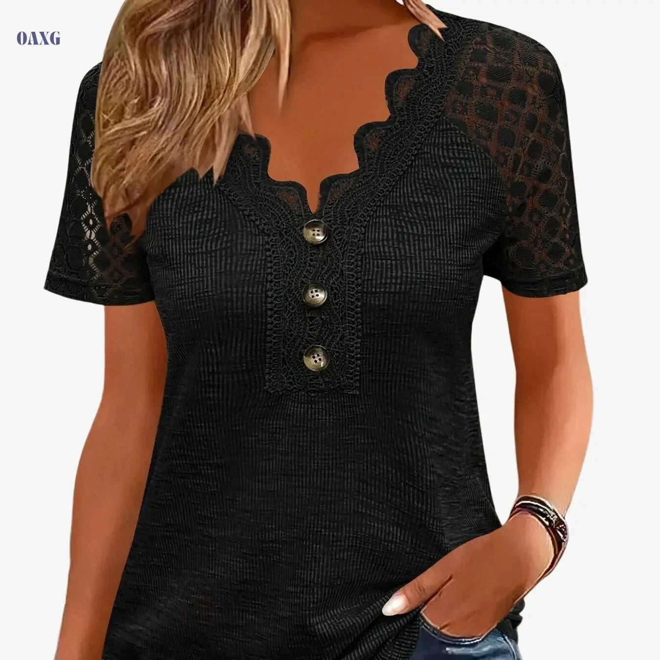 Women's Casual V-Neck T-Shirt - Eyelet Embroidery, Short Sleeve   OAXG 