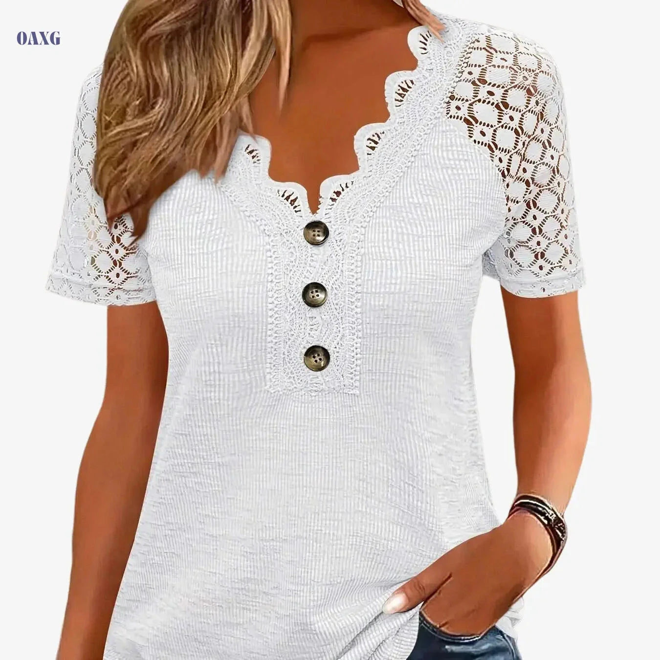 Women's Casual V-Neck T-Shirt - Eyelet Embroidery, Short Sleeve   OAXG Khaki / S