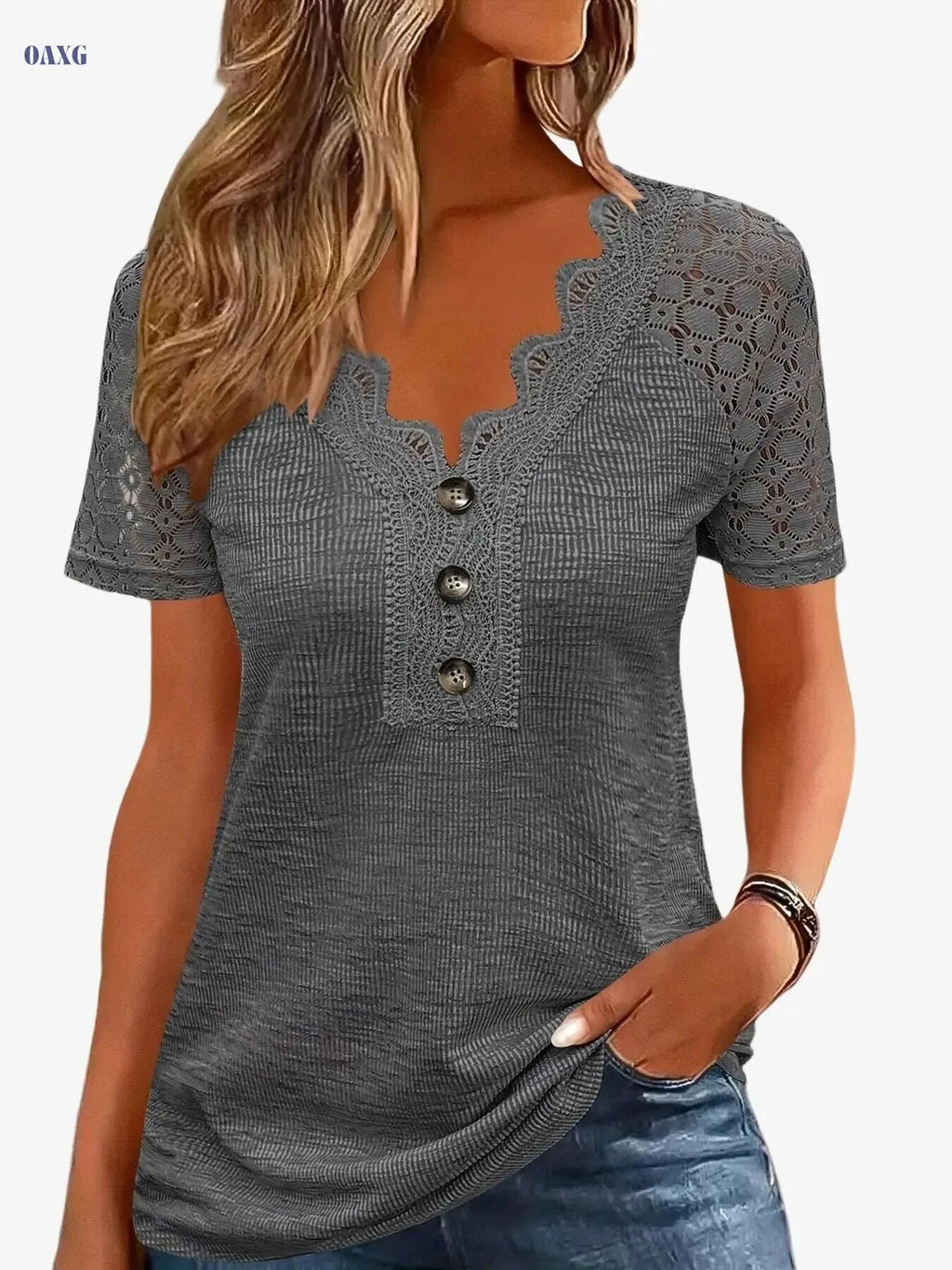 Women's Casual V-Neck T-Shirt - Eyelet Embroidery, Short Sleeve   OAXG Khaki / S