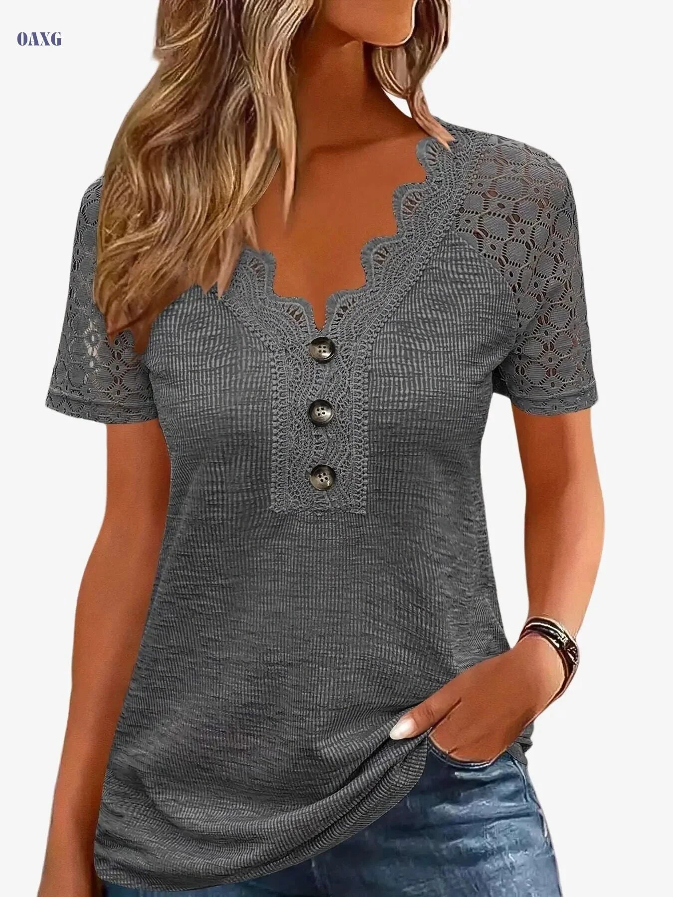 Women's Casual V-Neck T-Shirt - Eyelet Embroidery, Short Sleeve   OAXG Khaki / S