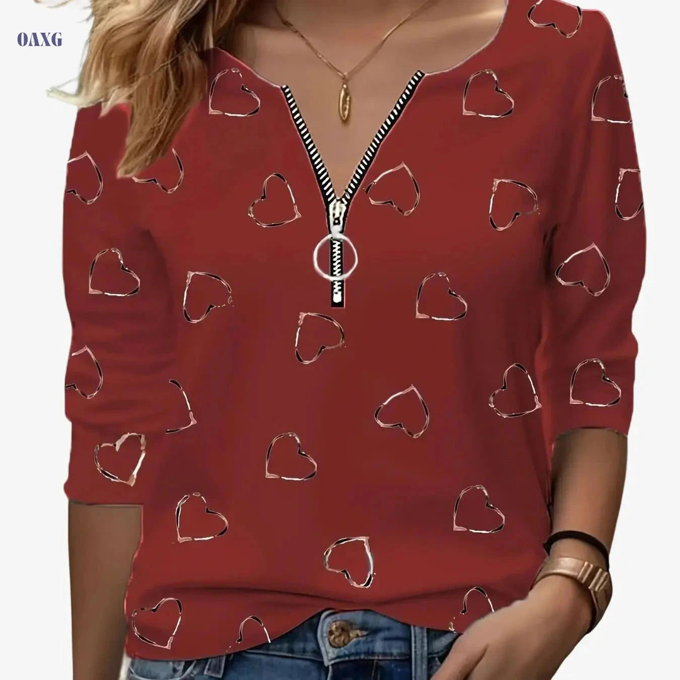 Women’s Casual V-Neck Zip-Up Tee - Heart Print, All-Season Comfort   OAXG 