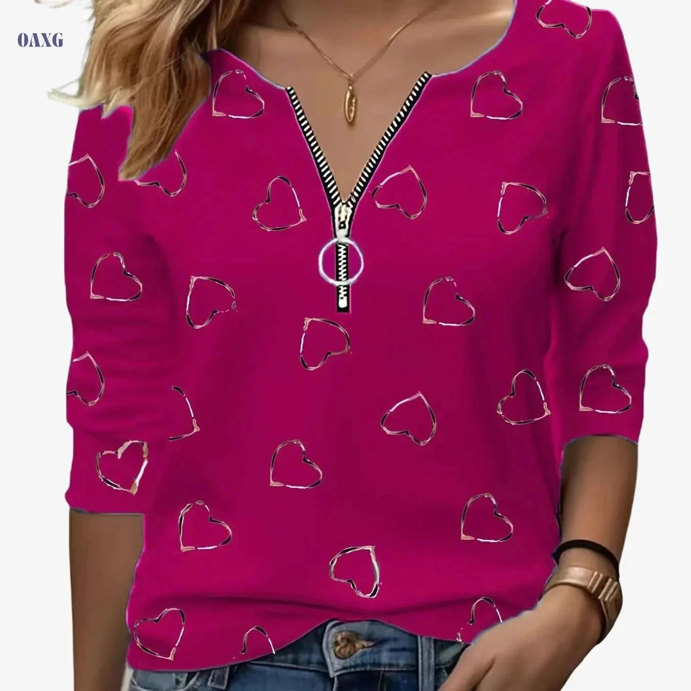 Women’s Casual V-Neck Zip-Up Tee - Heart Print, All-Season Comfort   OAXG 