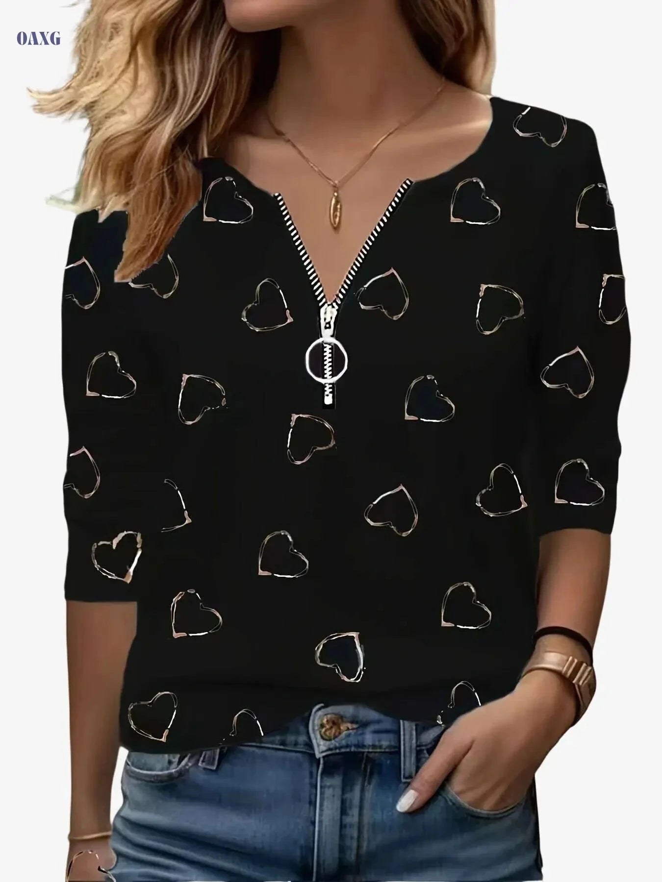 Women’s Casual V-Neck Zip-Up Tee - Heart Print, All-Season Comfort   OAXG 
