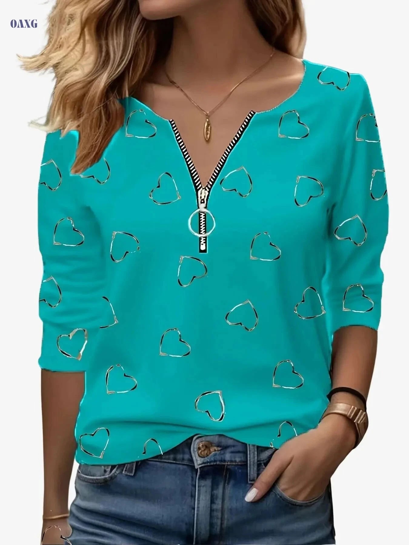 Women’s Casual V-Neck Zip-Up Tee - Heart Print, All-Season Comfort   OAXG 