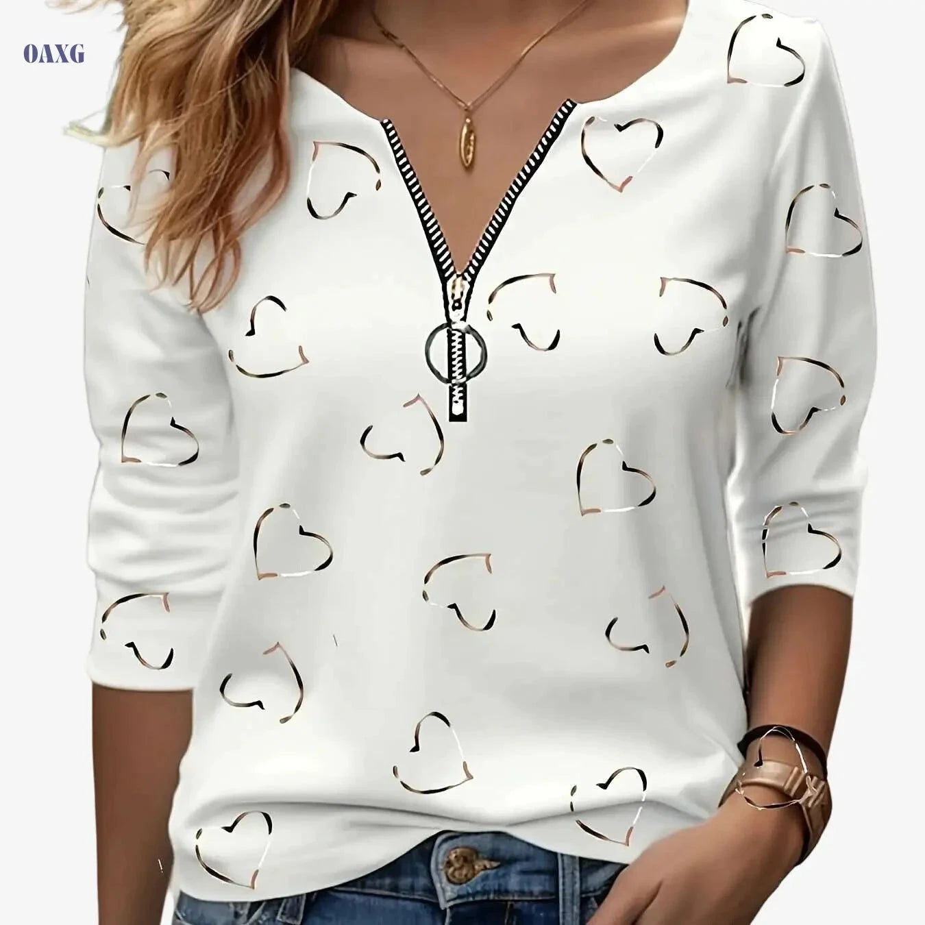 Women’s Casual V-Neck Zip-Up Tee - Heart Print, All-Season Comfort   OAXG 