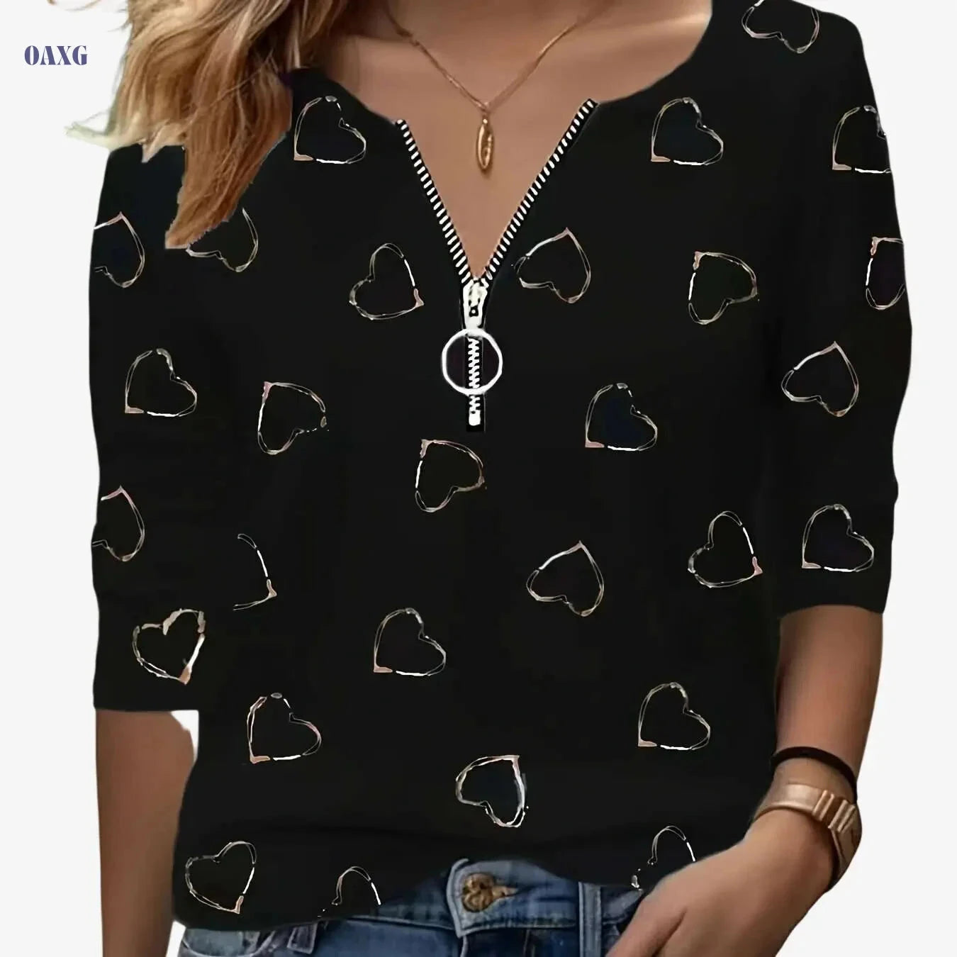 Women’s Casual V-Neck Zip-Up Tee - Heart Print, All-Season Comfort   OAXG 