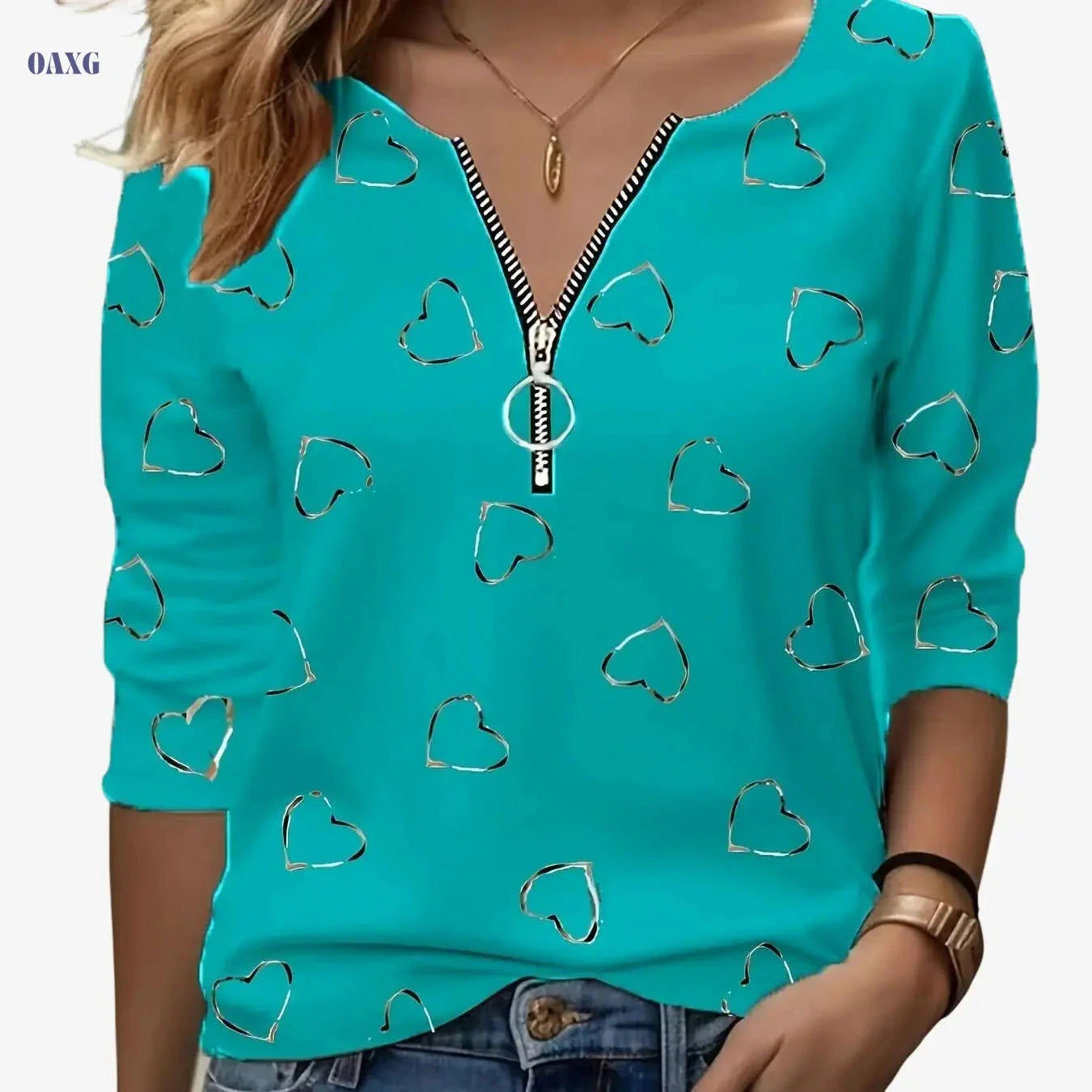 Women’s Casual V-Neck Zip-Up Tee - Heart Print, All-Season Comfort   OAXG White / S
