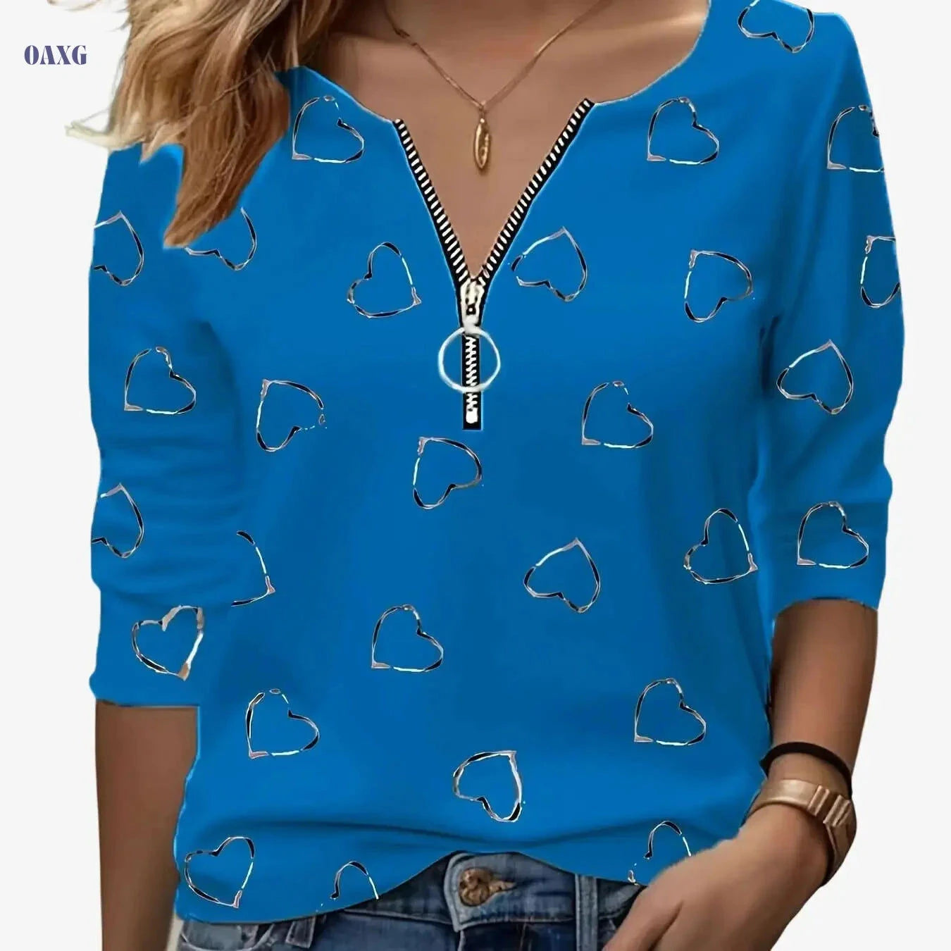 Women’s Casual V-Neck Zip-Up Tee - Heart Print, All-Season Comfort   OAXG White / S