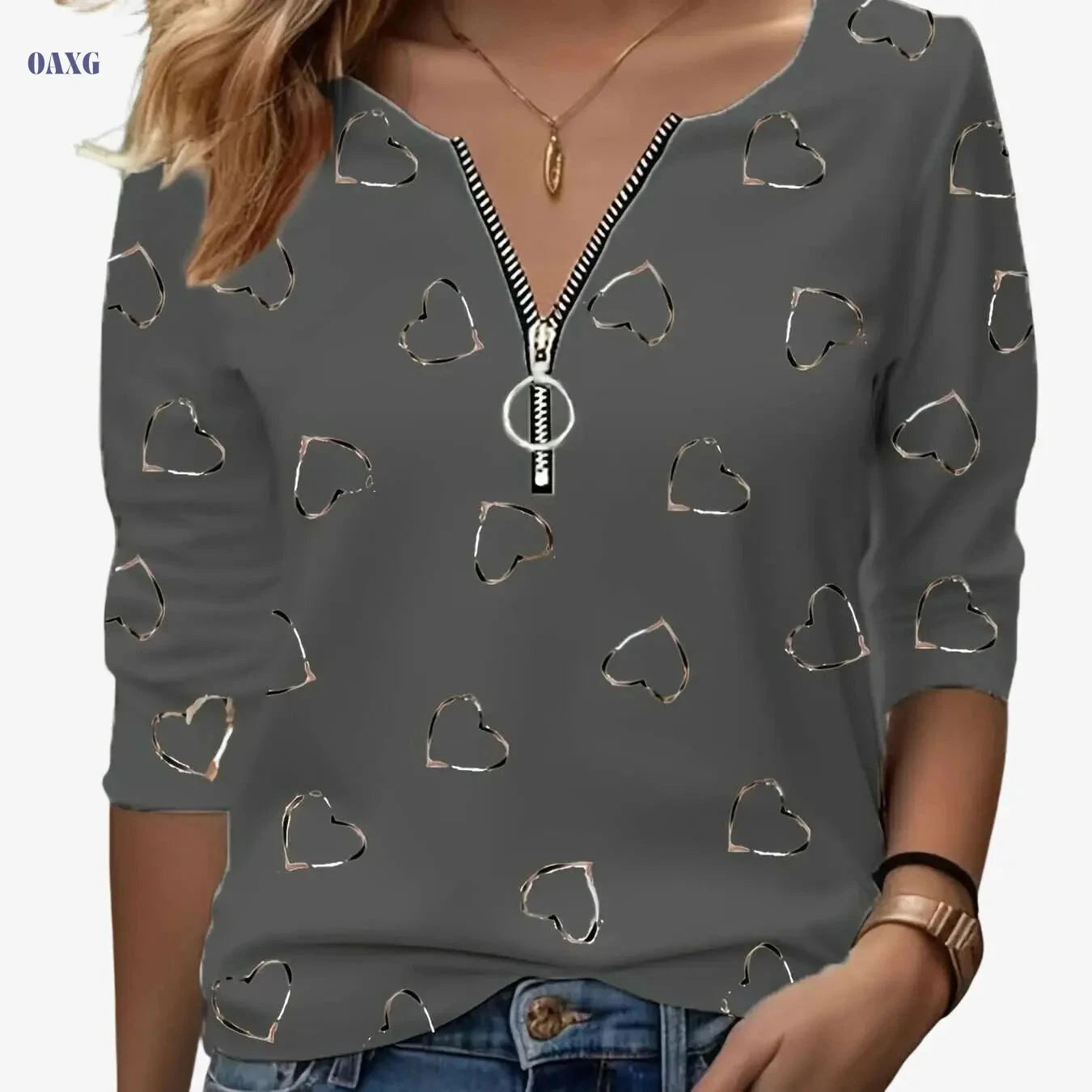 Women’s Casual V-Neck Zip-Up Tee - Heart Print, All-Season Comfort   OAXG White / S