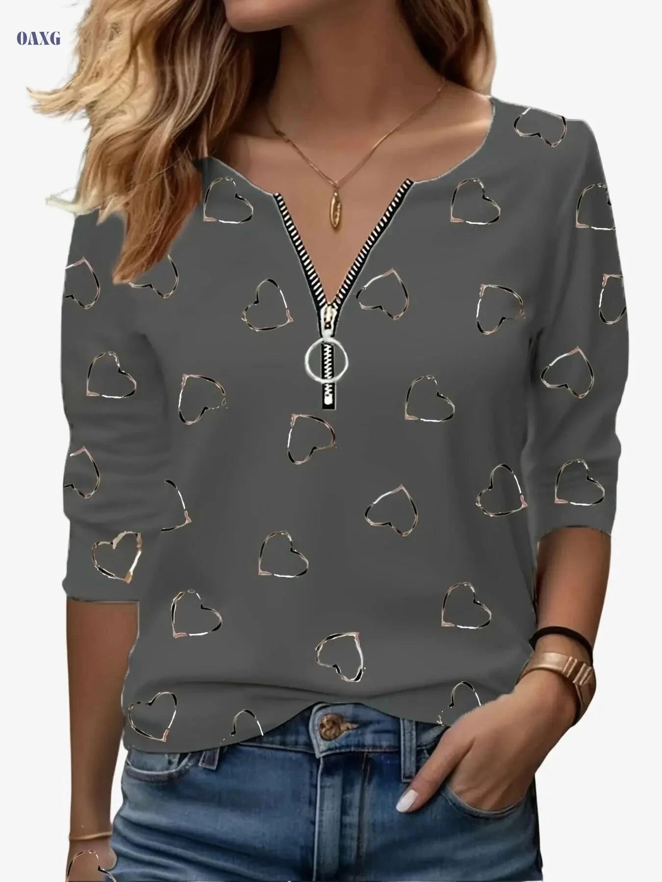 Women’s Casual V-Neck Zip-Up Tee - Heart Print, All-Season Comfort   OAXG White / S