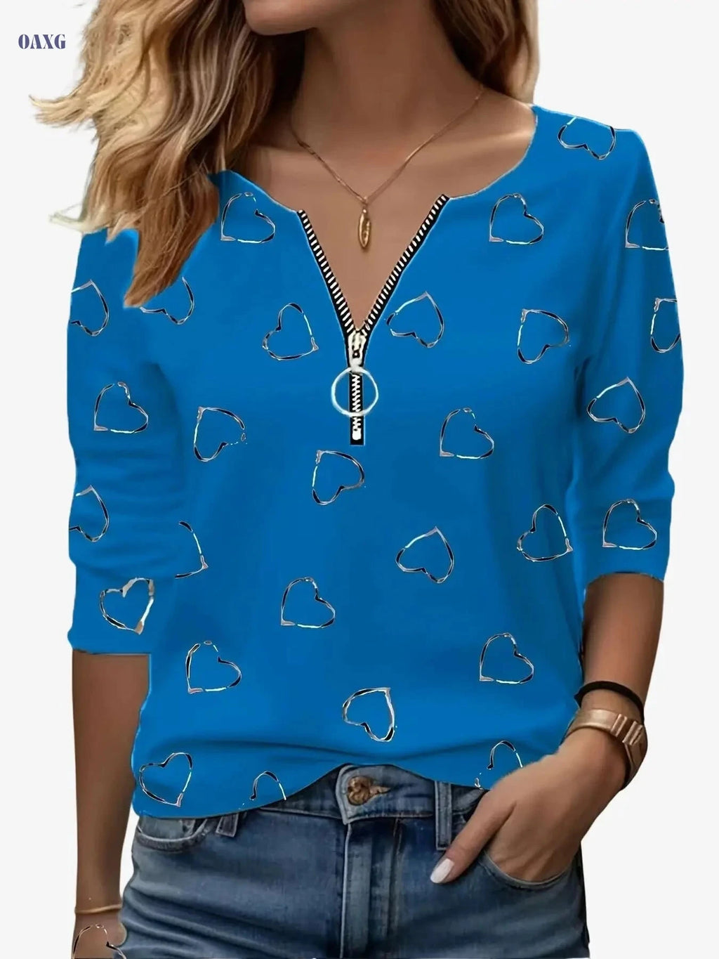 Women’s Casual V-Neck Zip-Up Tee - Heart Print, All-Season Comfort   OAXG White / S