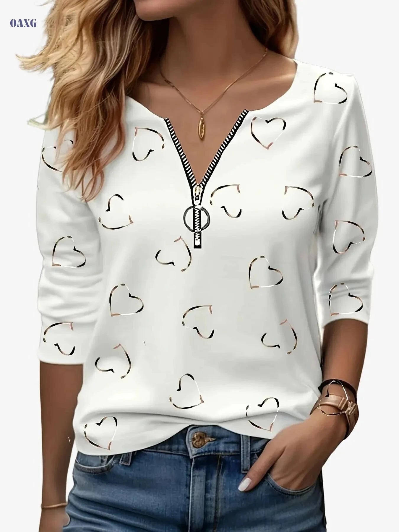 Women’s Casual V-Neck Zip-Up Tee - Heart Print, All-Season Comfort   OAXG White / S