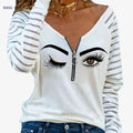 Women's Casual Vacation Half-Zip T-Shirt - Eye Print & V-Neck   OAXG White / S