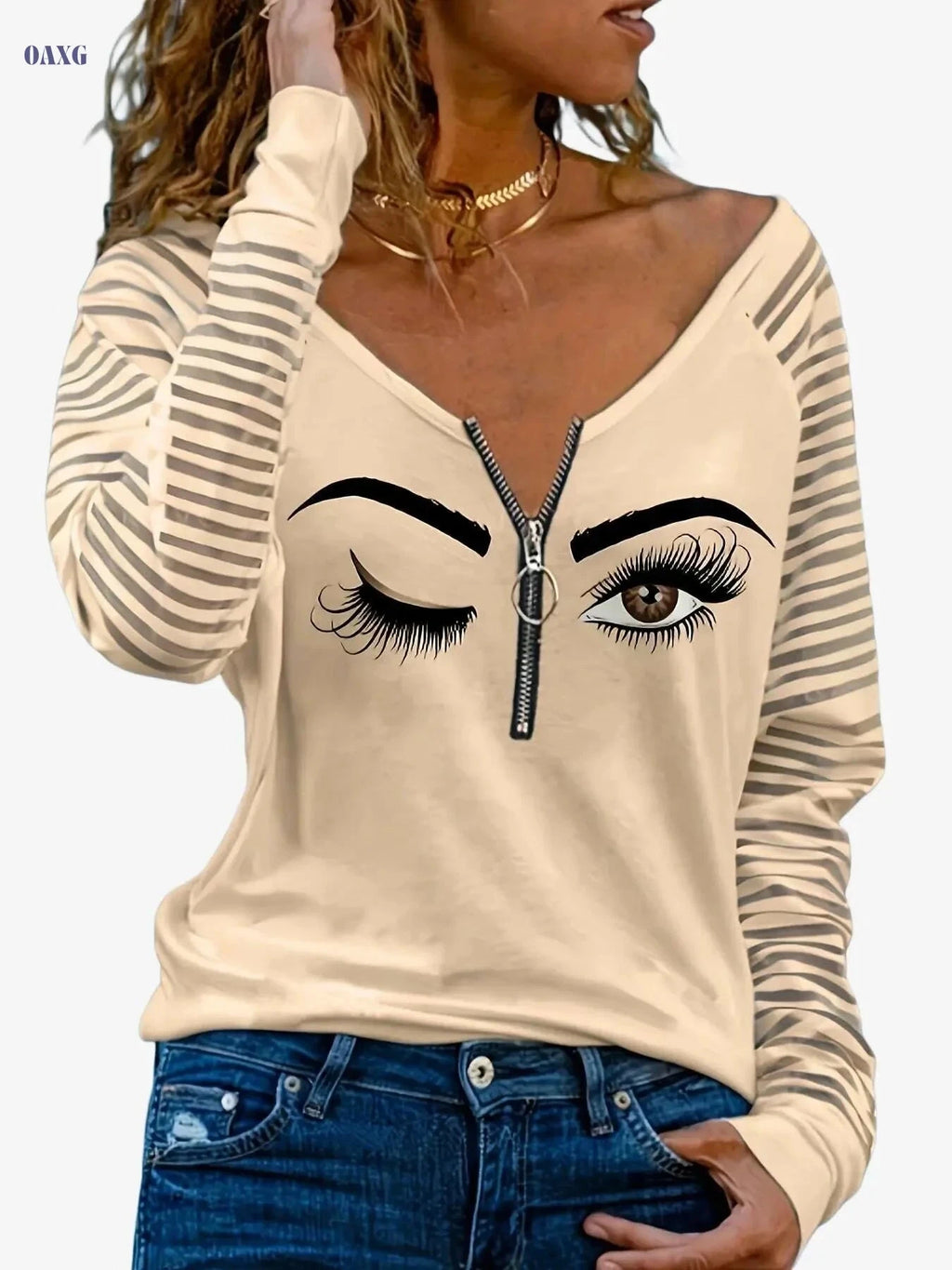Women's Casual Vacation Half-Zip T-Shirt - Eye Print & V-Neck   OAXG White / S