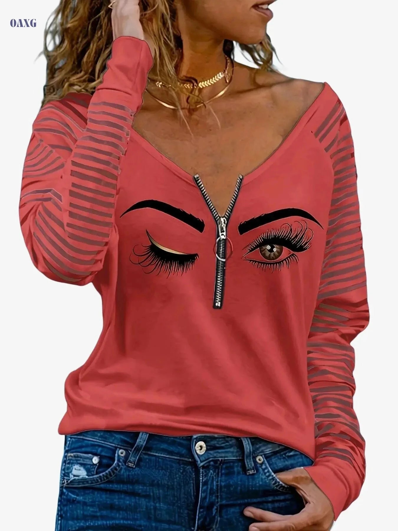 Women's Casual Vacation Half-Zip T-Shirt - Eye Print & V-Neck   OAXG White / S