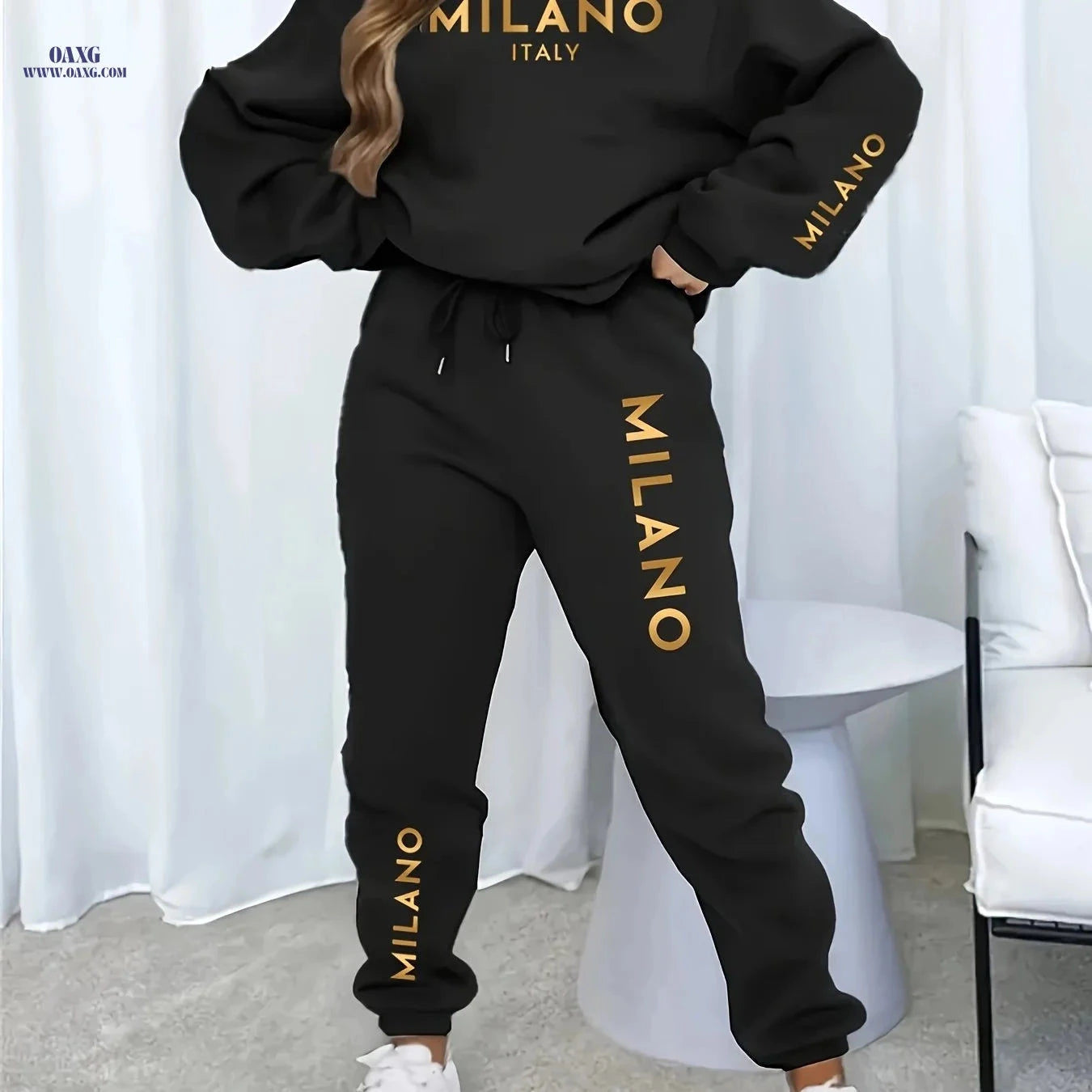 Women's Casual Vacation Set - Thickened Sweatshirt & Sweatpants   OAXG Black / S
