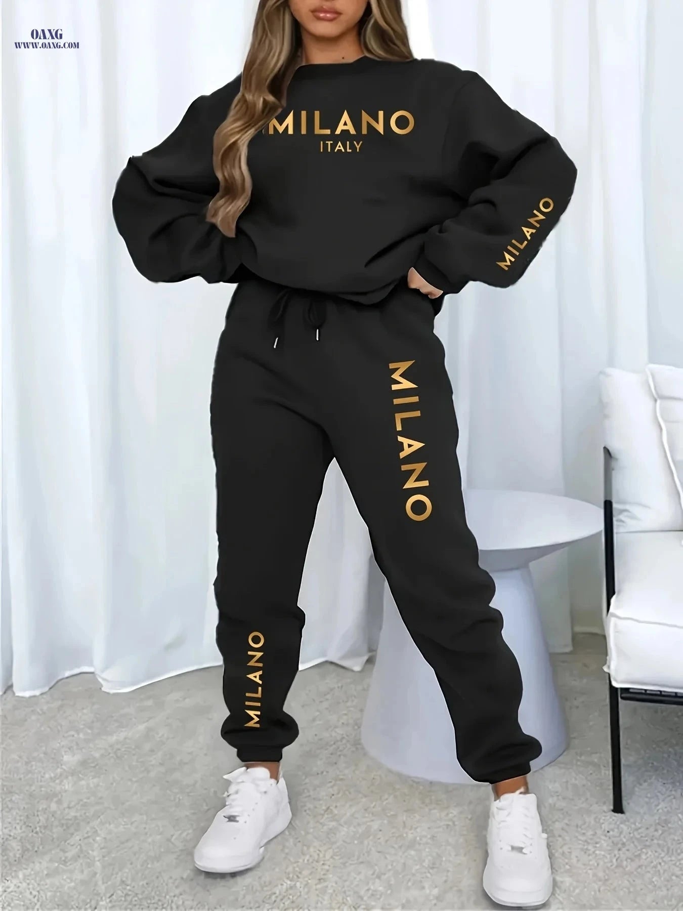 Women's Casual Vacation Set - Thickened Sweatshirt & Sweatpants   OAXG Black / S