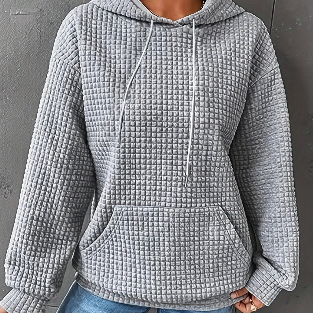 Women's Casual Waffle- Color-Block Hooded Sweatshirt - Relaxed Fit Long Sleeve Pullover with Drawstring Hood, Machine Washable Autumn Winter Fashion Top, Cute Sweatshirts, Autumn Apparel, Soft Fabric, Everyday Outfit, Waffle Design, Breathable