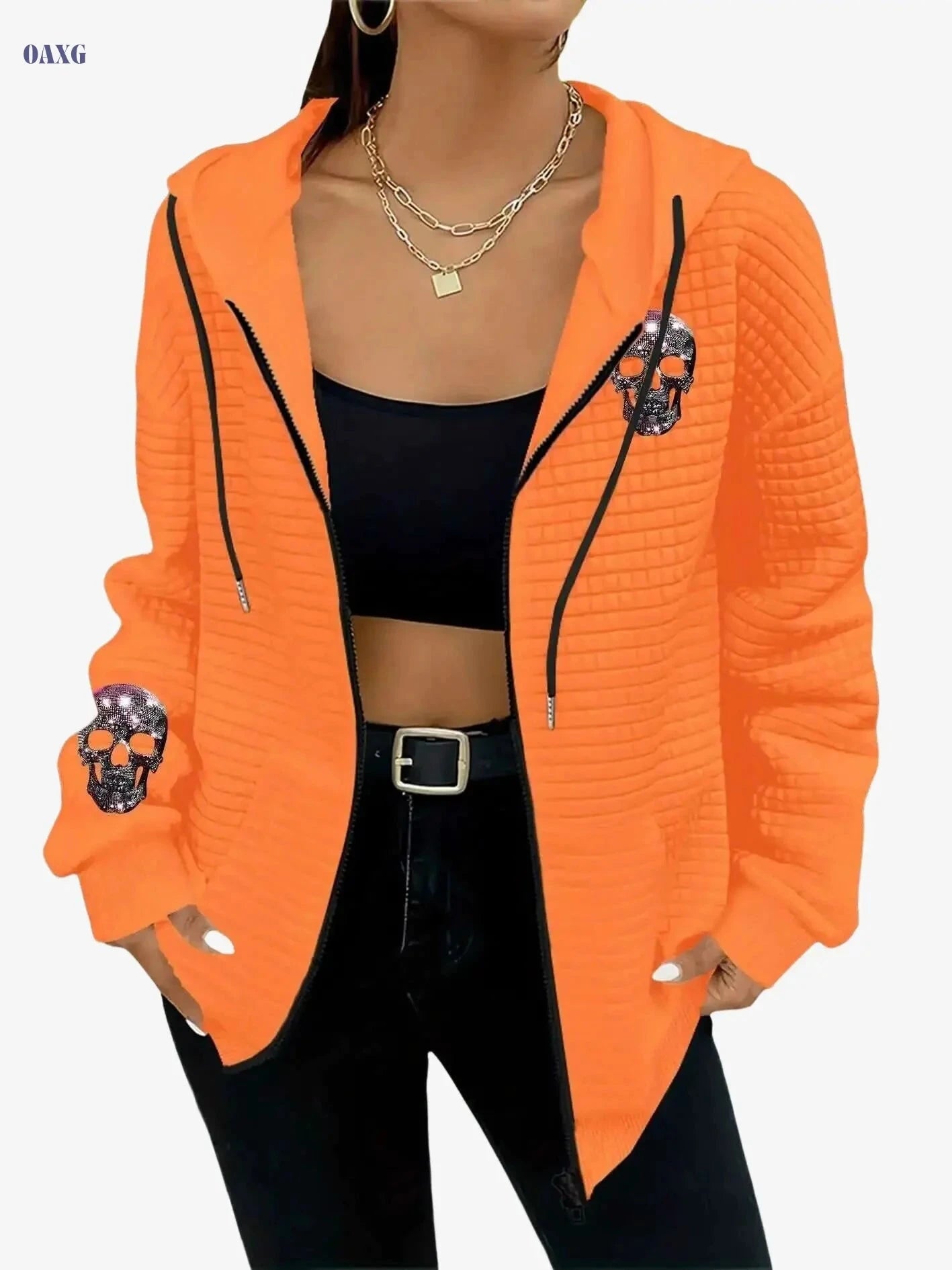 Women's Casual Waffle Zip-Up Hoodie - Skull & Crossbones Print   OAXG 