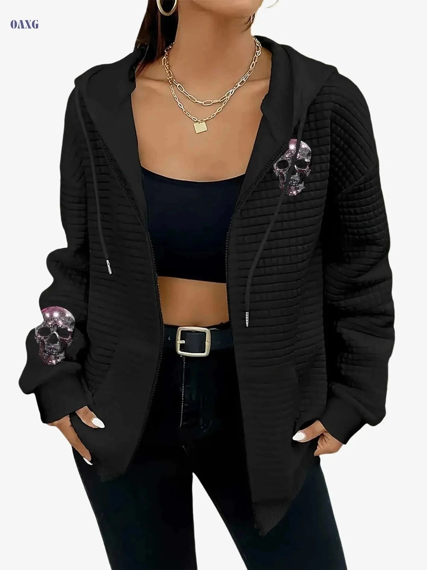 Women's Casual Waffle Zip-Up Hoodie - Skull & Crossbones Print   OAXG 