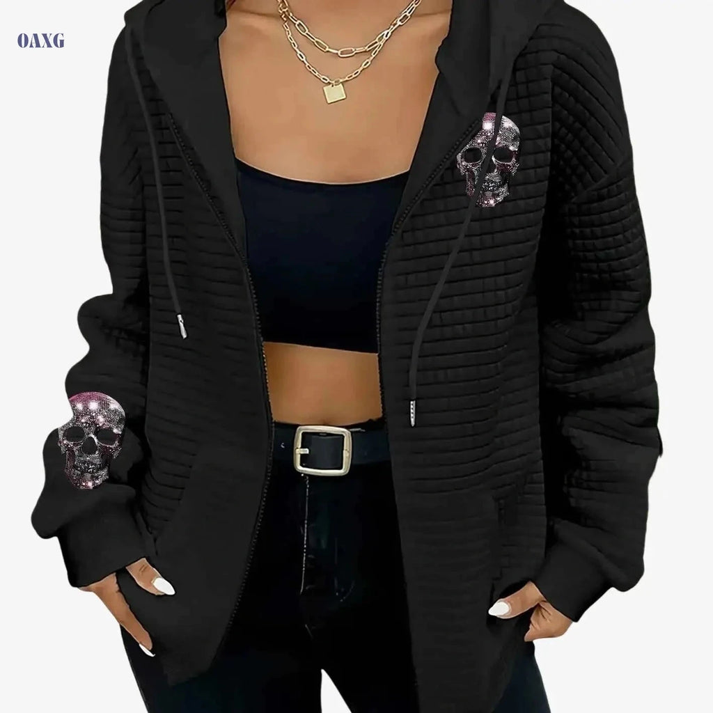 Women's Casual Waffle Zip-Up Hoodie - Skull & Crossbones Print   OAXG Black / S